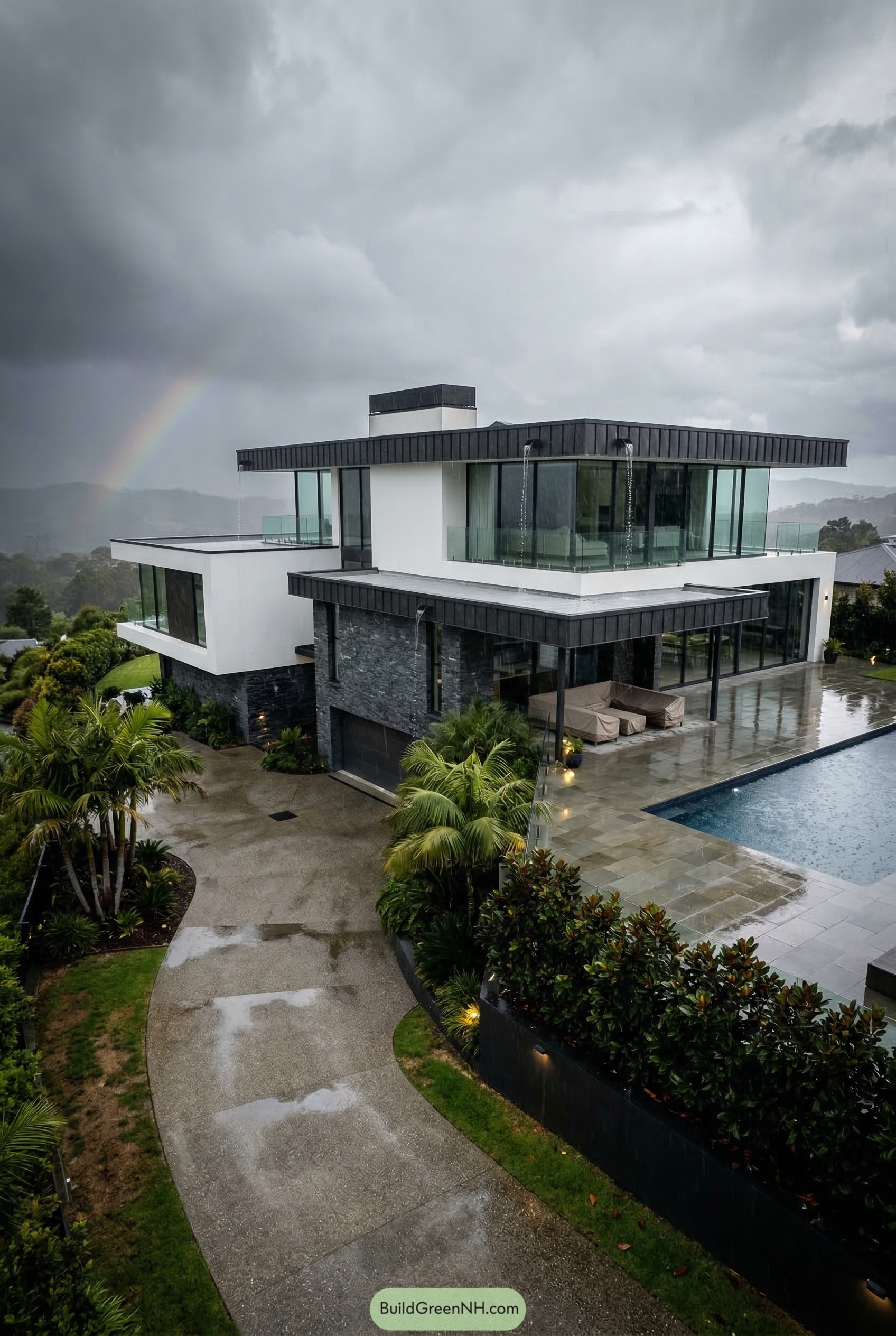 Modern glass mansion with pool in rain