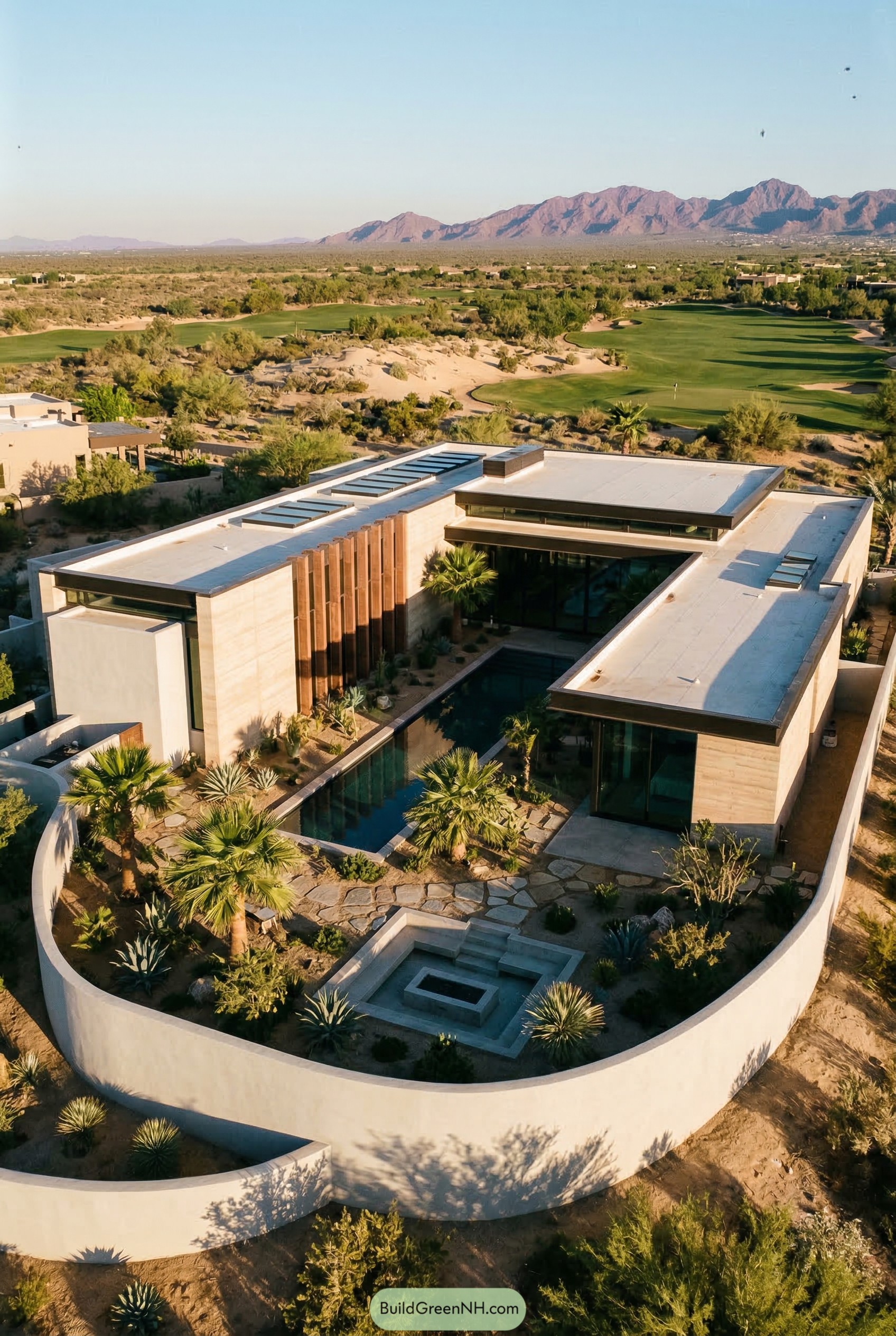 Modern desert mansion with a central pool courtyard