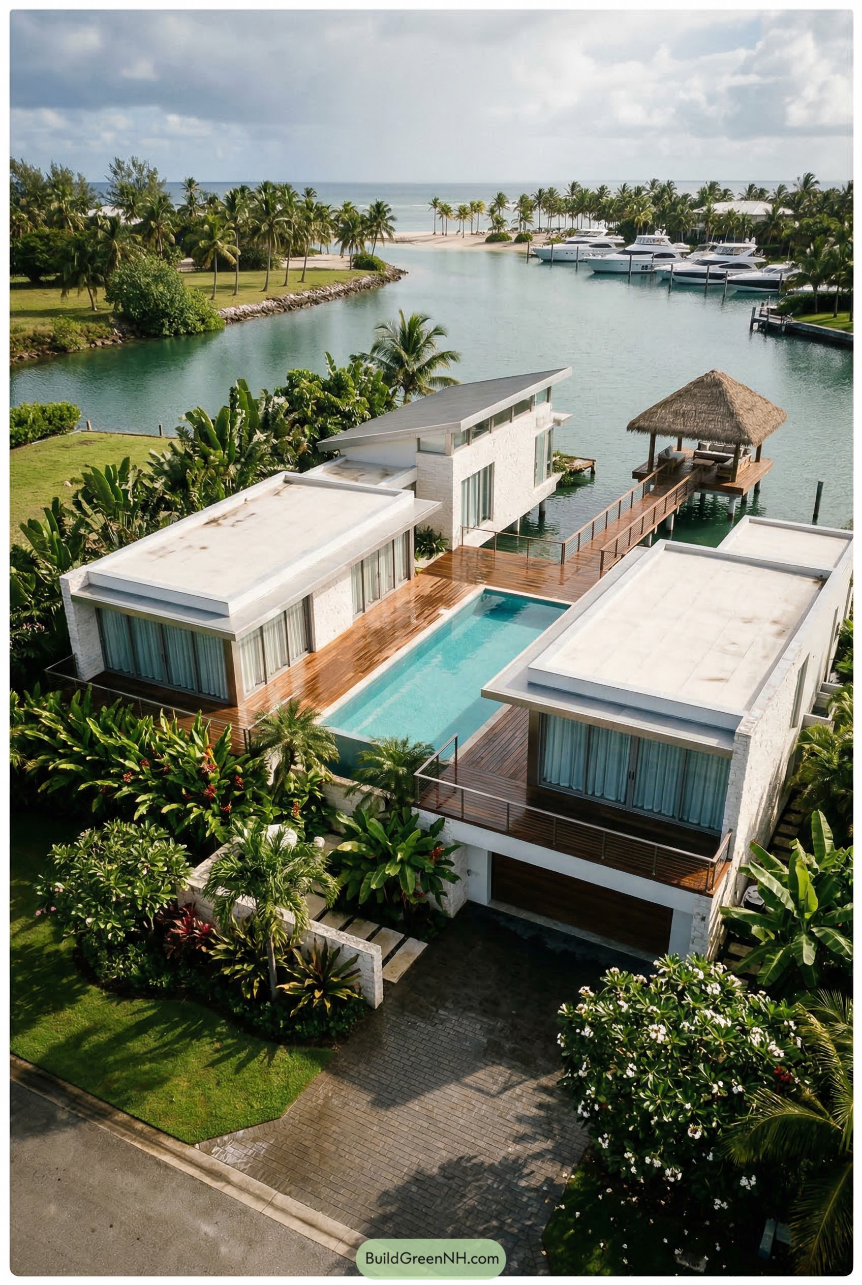 Modern tropical waterfront mansion with pool and dock gazebo