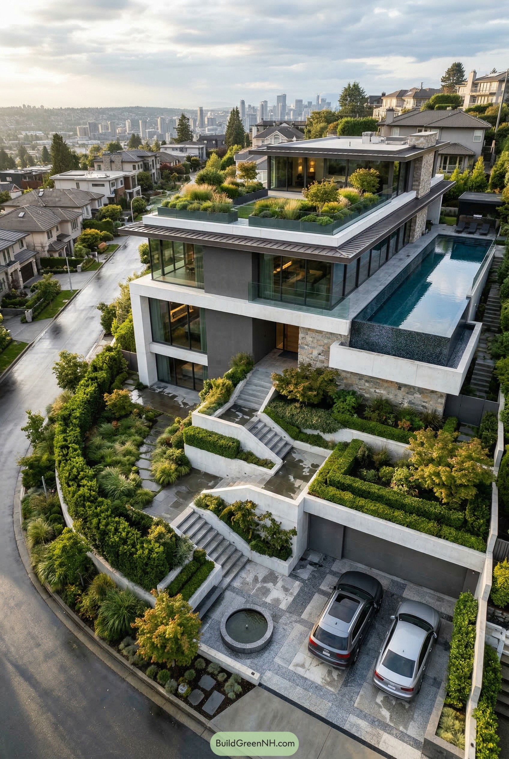 Modern hillside mansion with rooftop garden and pool