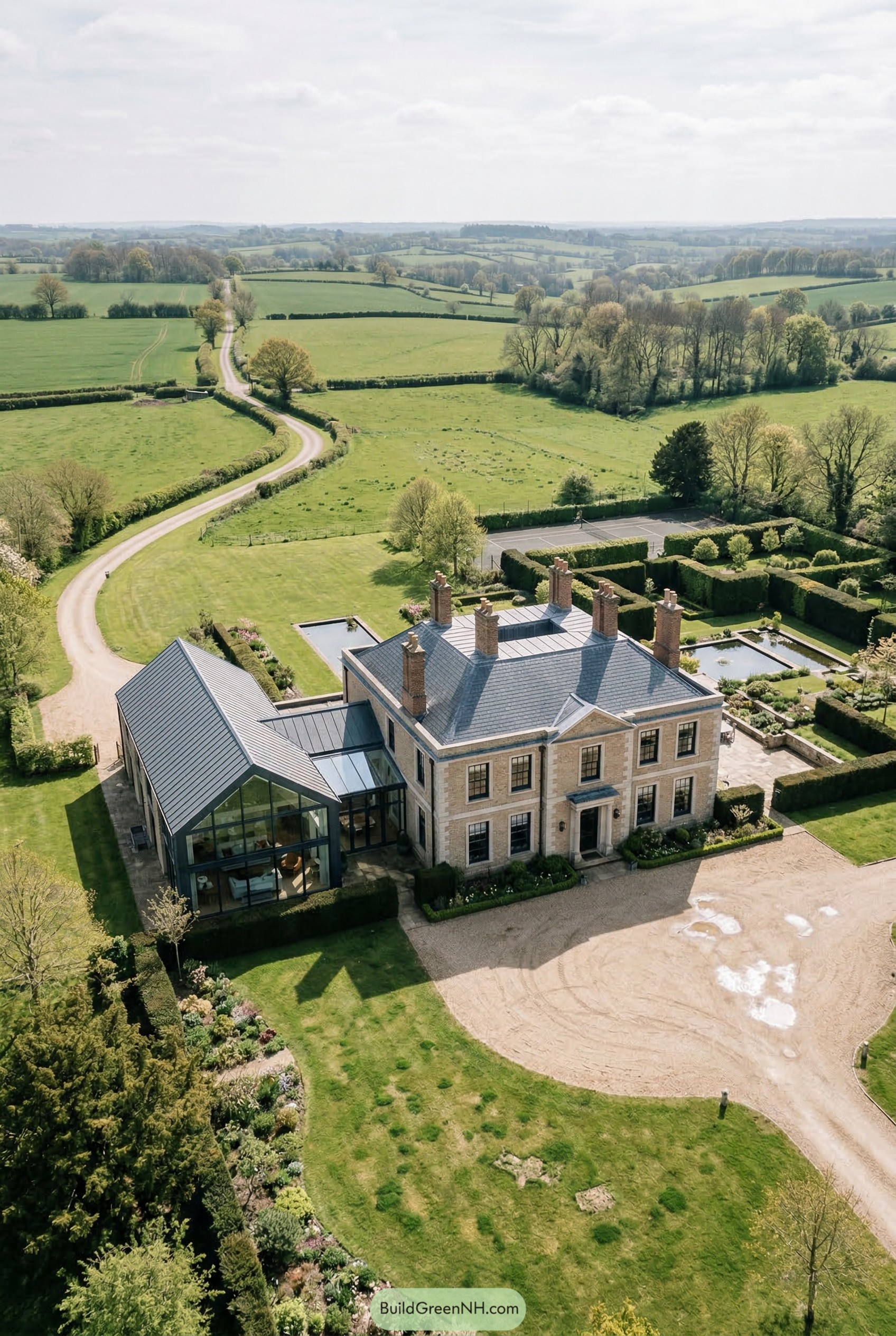 Country manor with glass wing and formal gardens