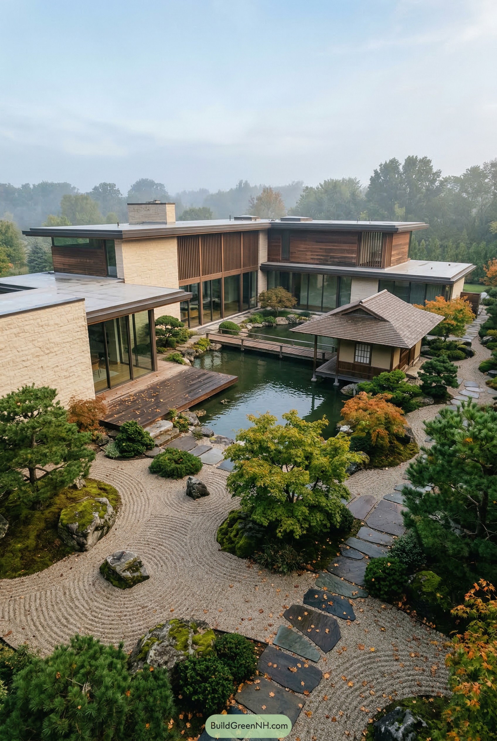 Modern mansion with zen garden and pond