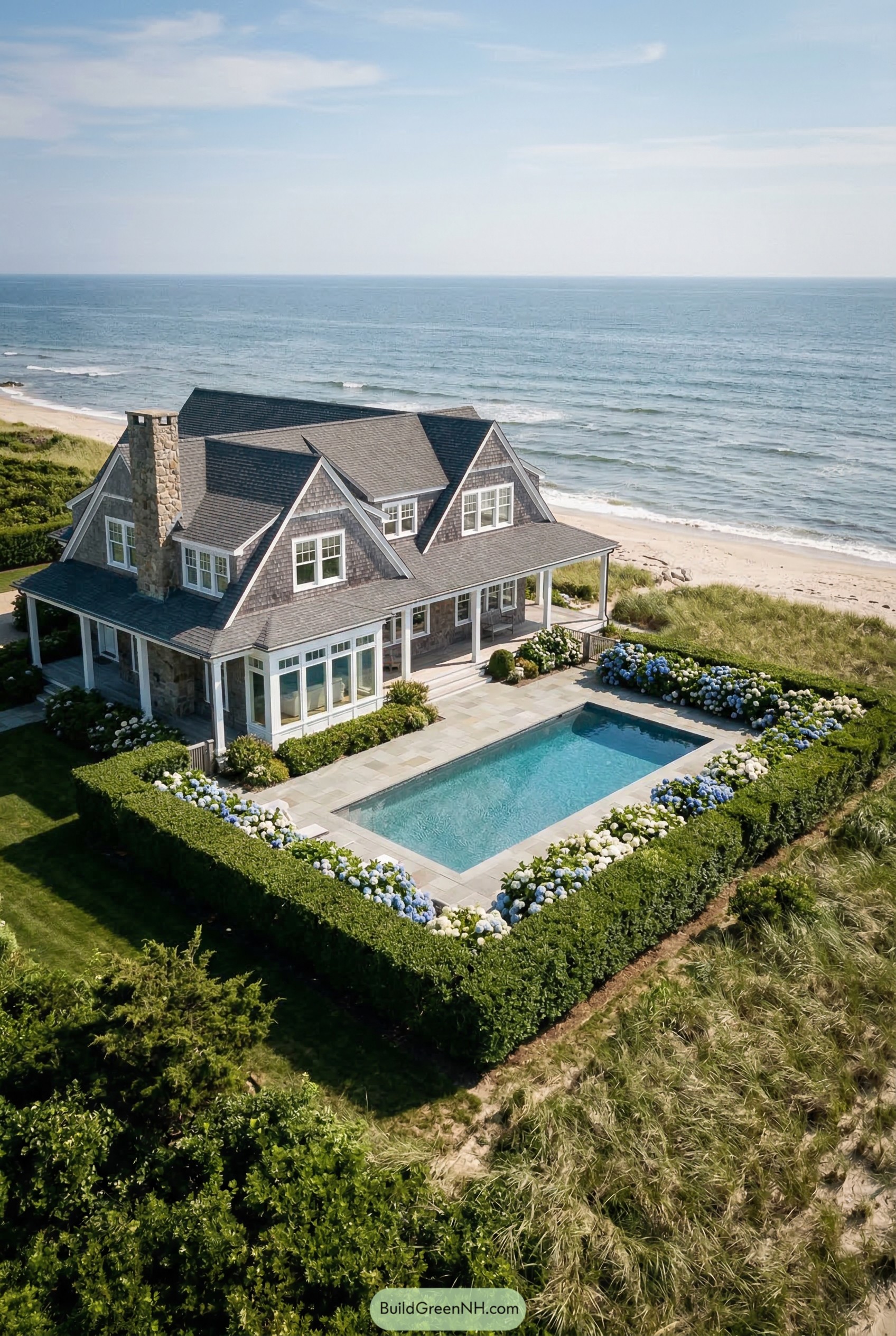 Oceanfront shingle house with pool and hedge garden