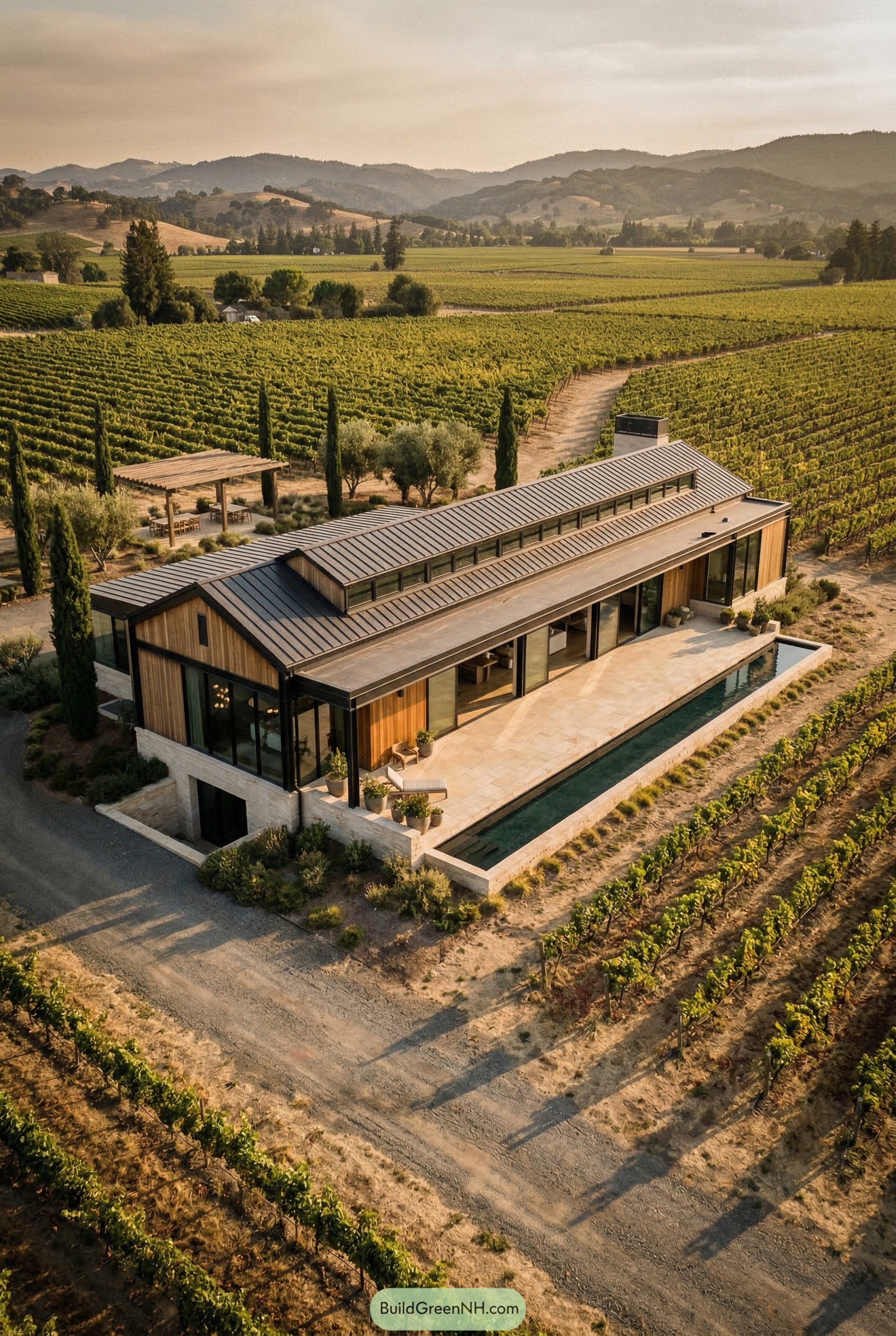 Modern vineyard longhouse with lap pool
