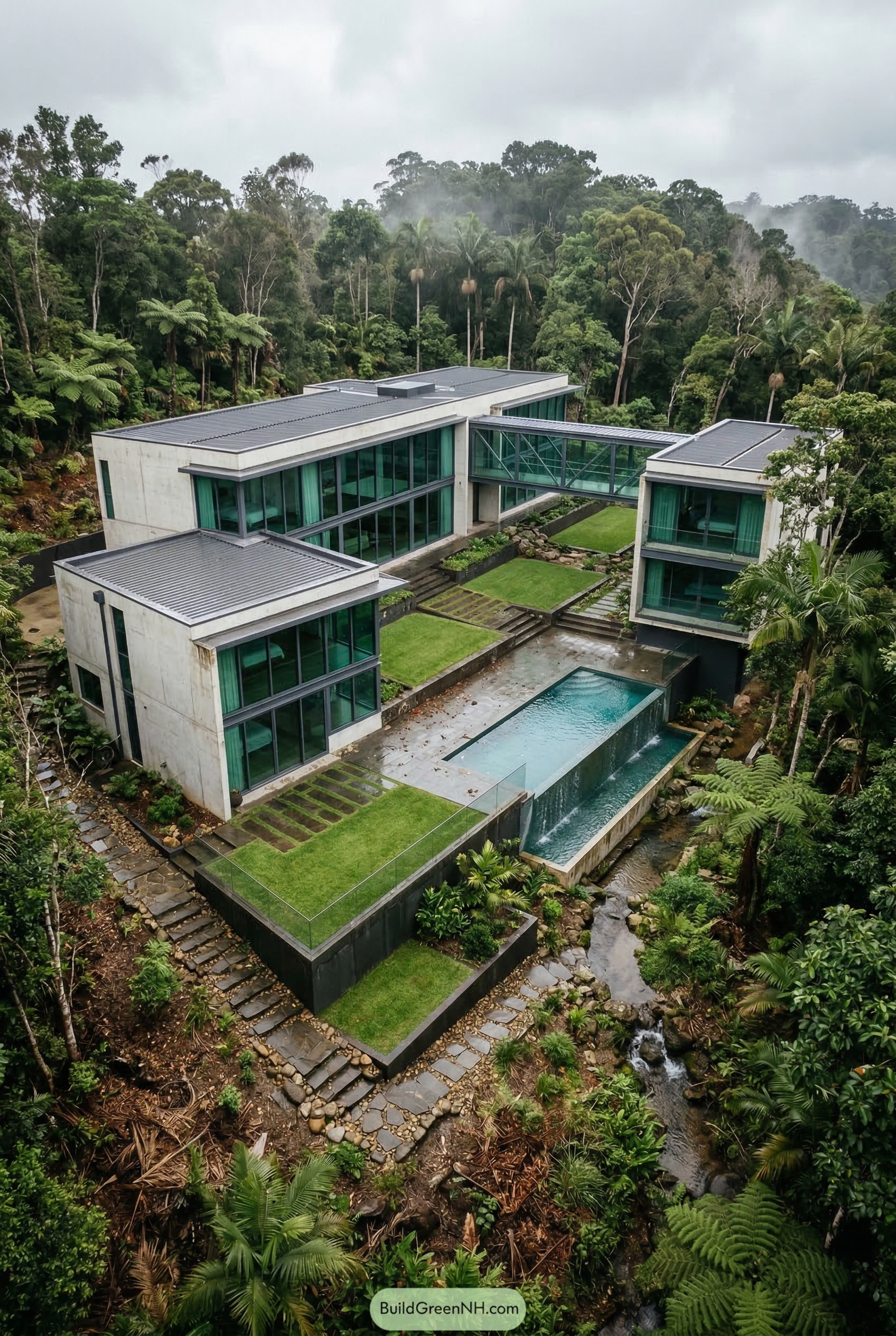Modern jungle mansion with skybridge and pool