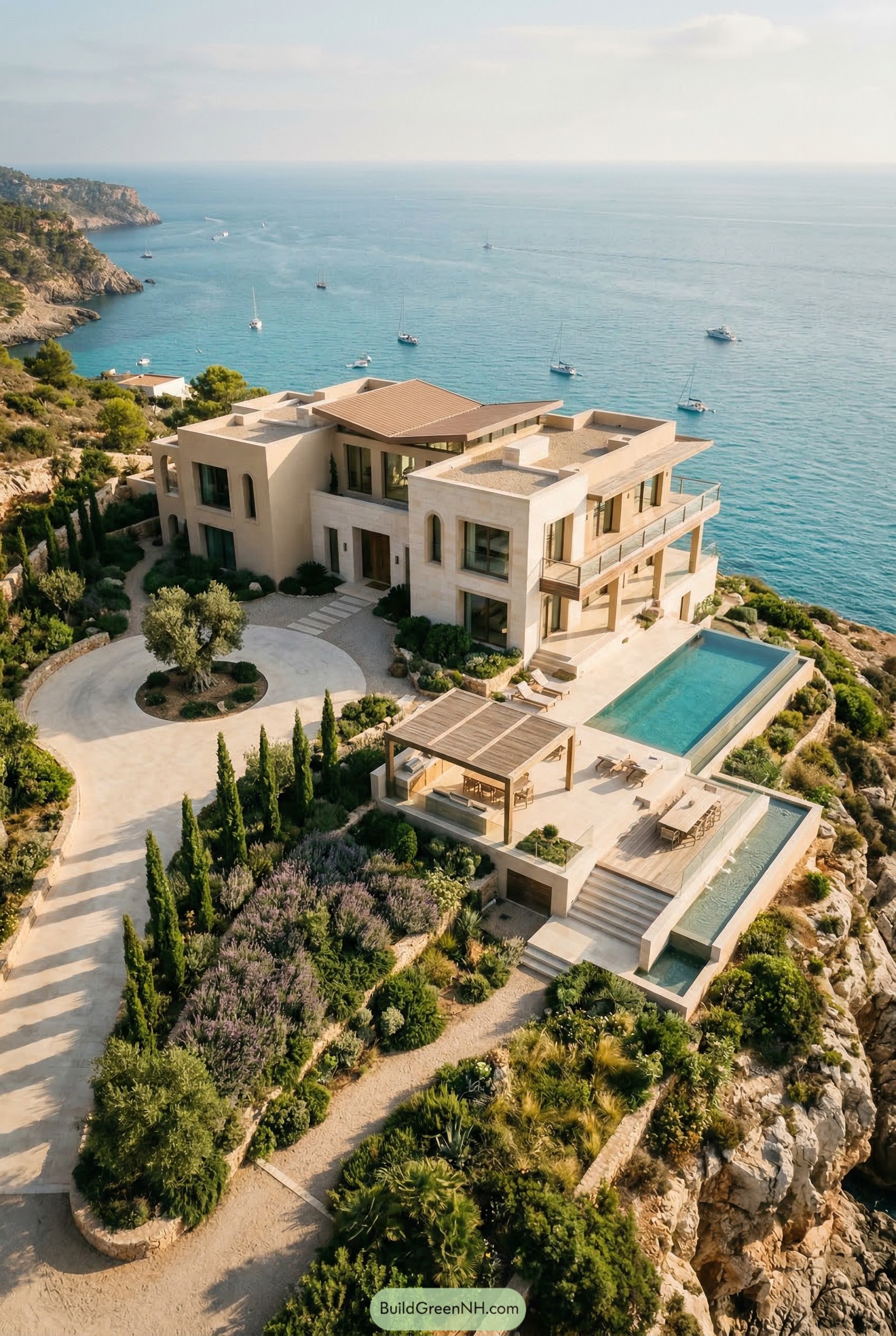 Modern clifftop mansion with pool above the sea