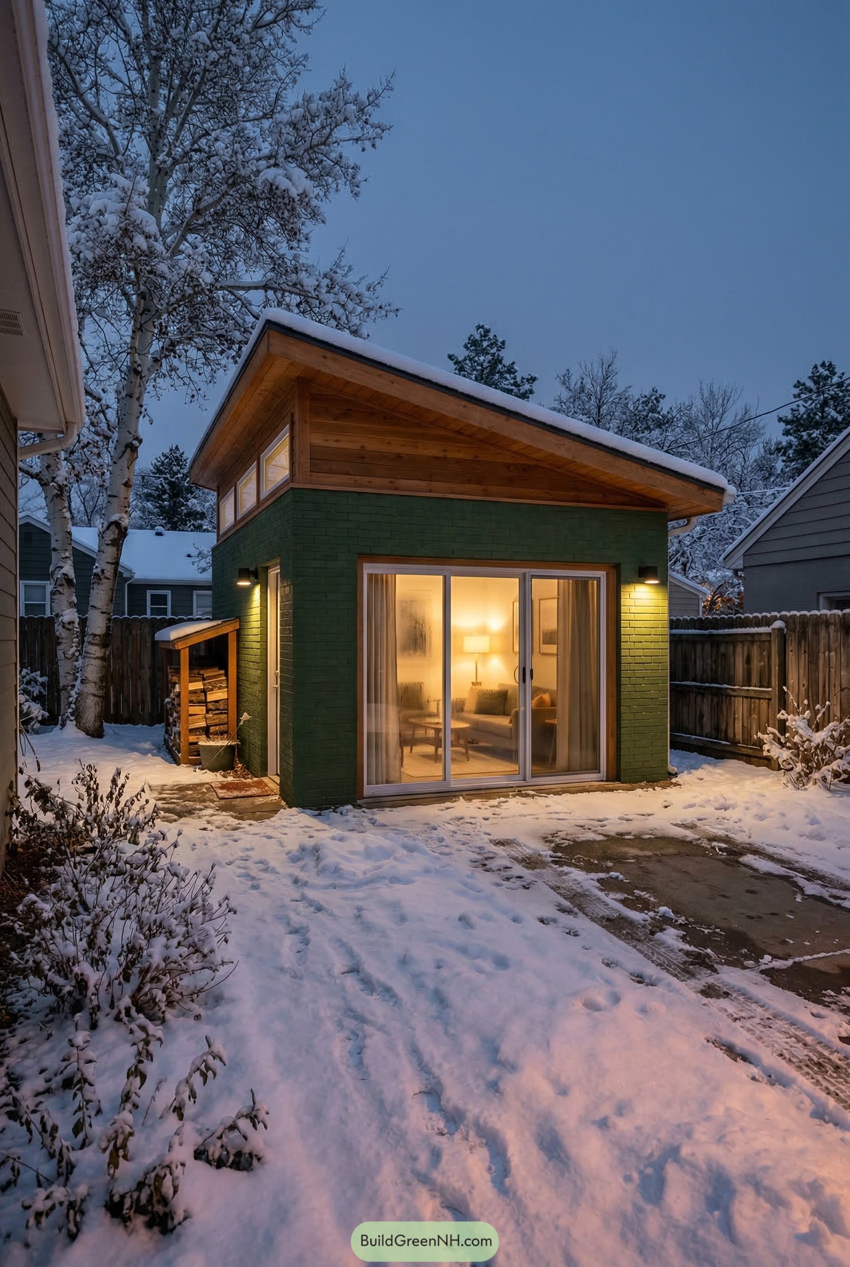 Green brick garage apartment with sloped cedar roof in snow