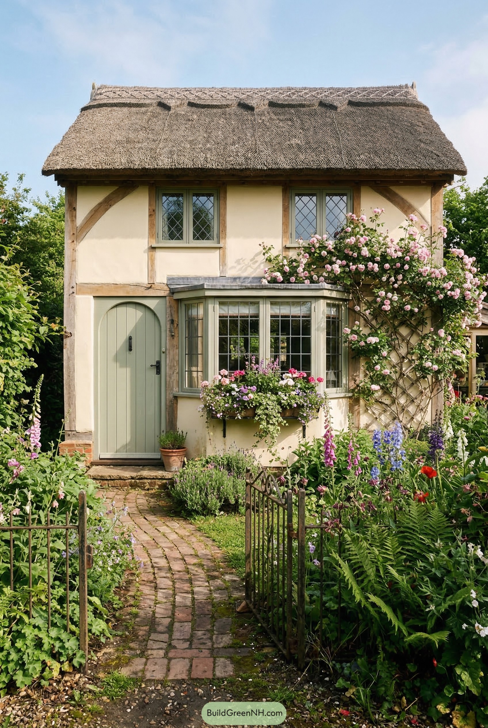 Thatched garage apartment with climbing roses
