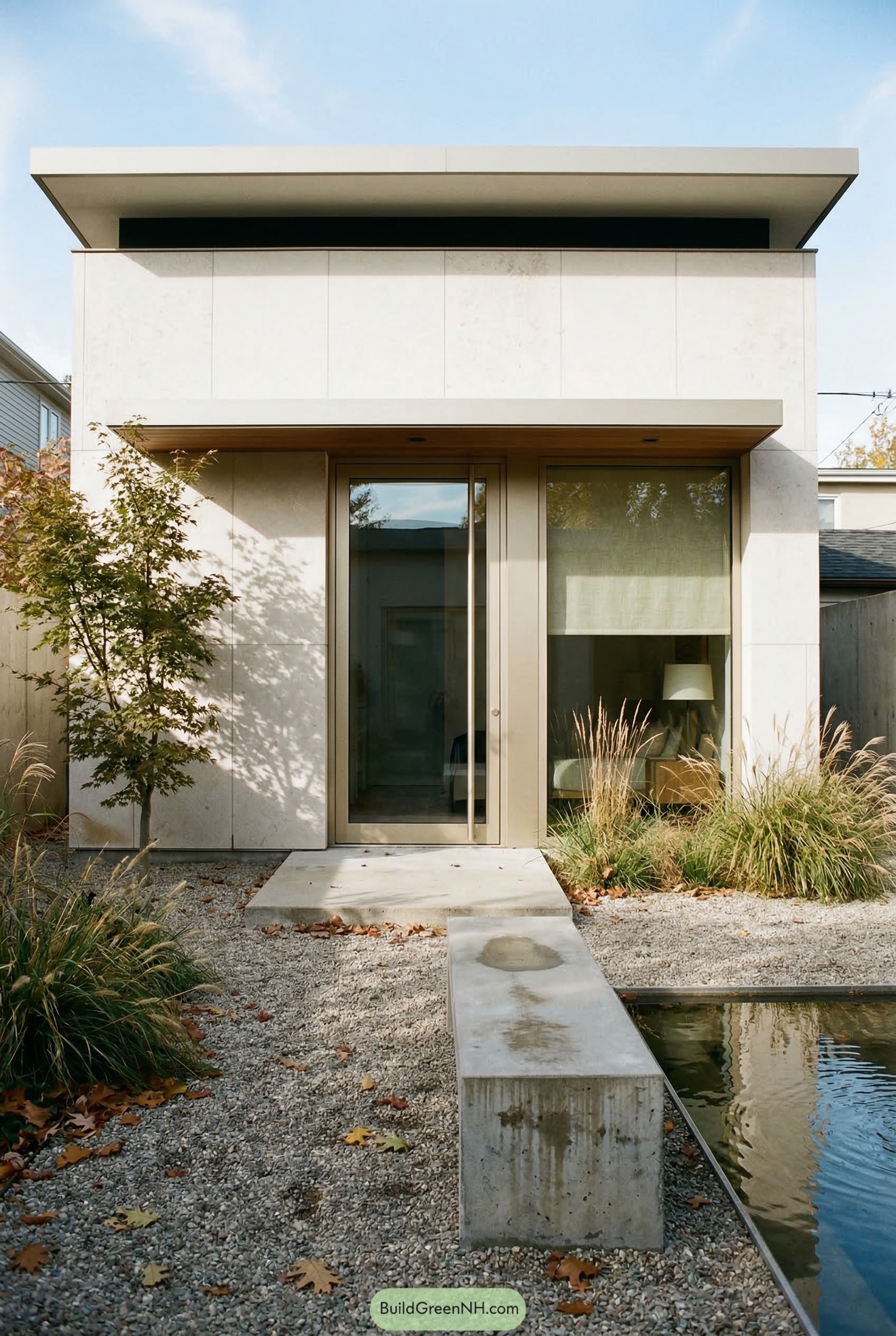 Modern white garage apartment with reflecting pool