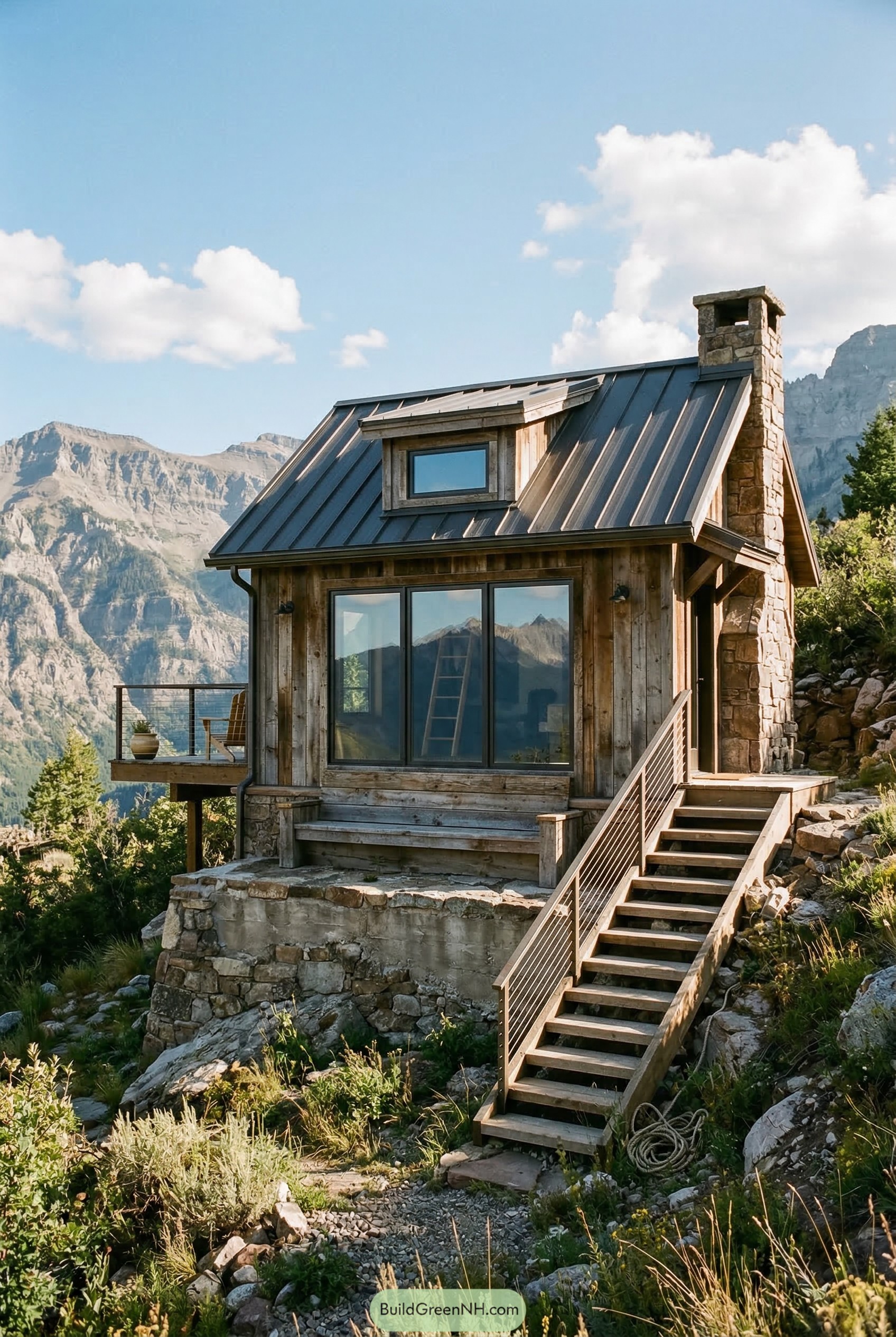 Wood clad mountain apartment with stone chimney and deck