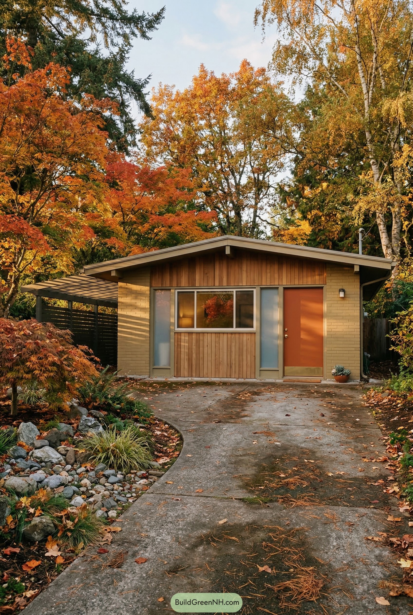 Midcentury garage apartment with cedar siding and orange door