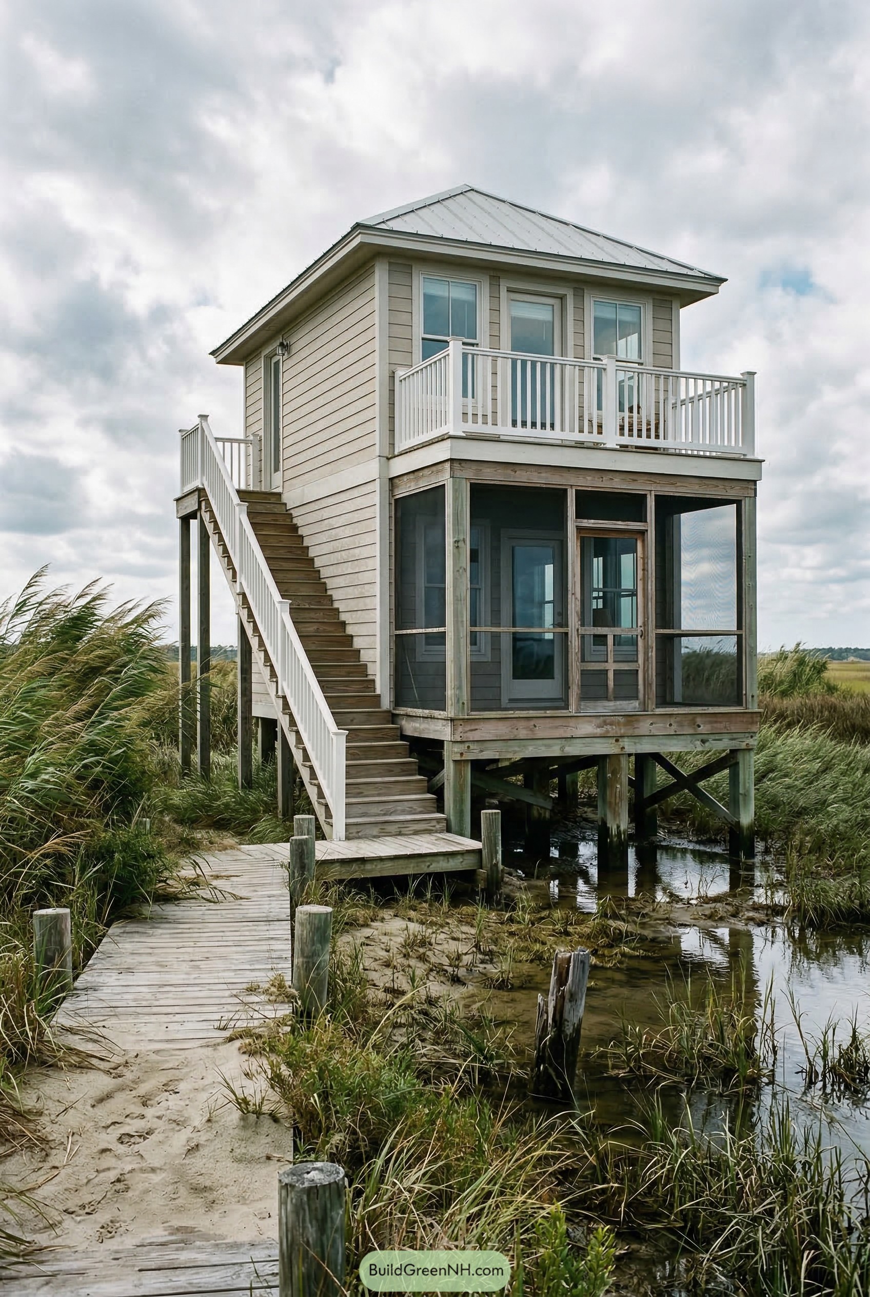 Stilted coastal apartment with screened porch and deck