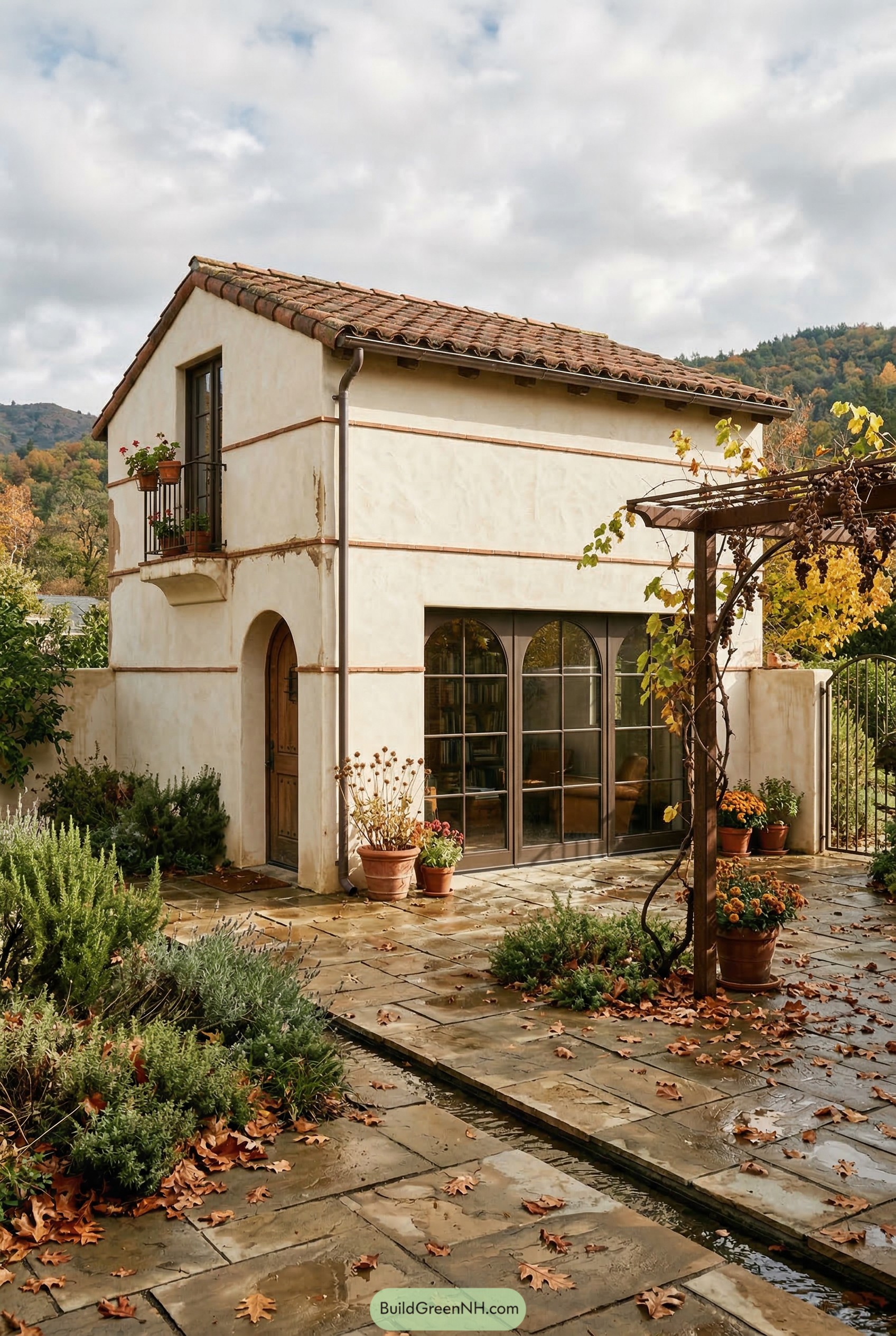 Mediterranean garage apartment with arched windows
