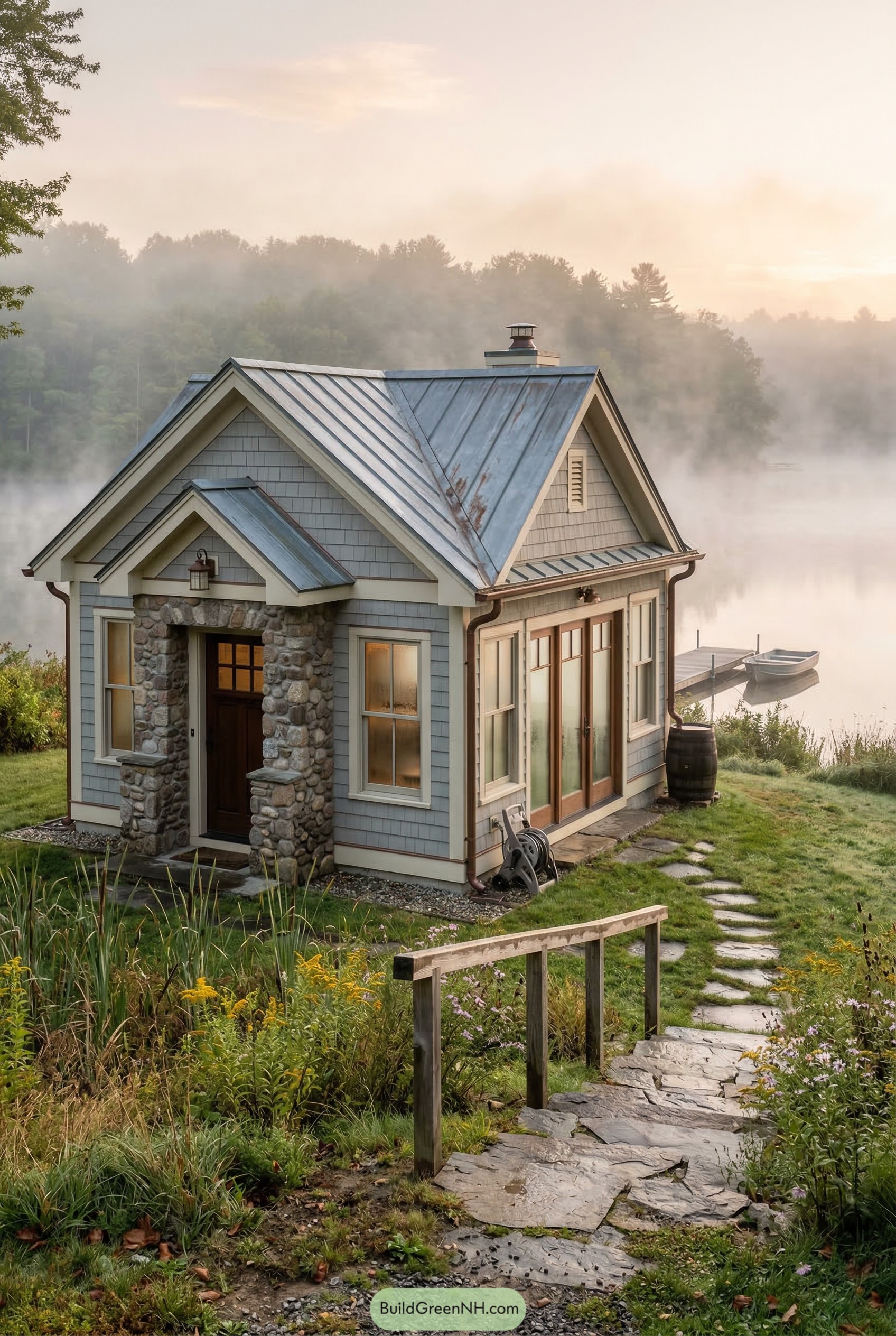 Lakeside garage apartment with stone porch and metal roof