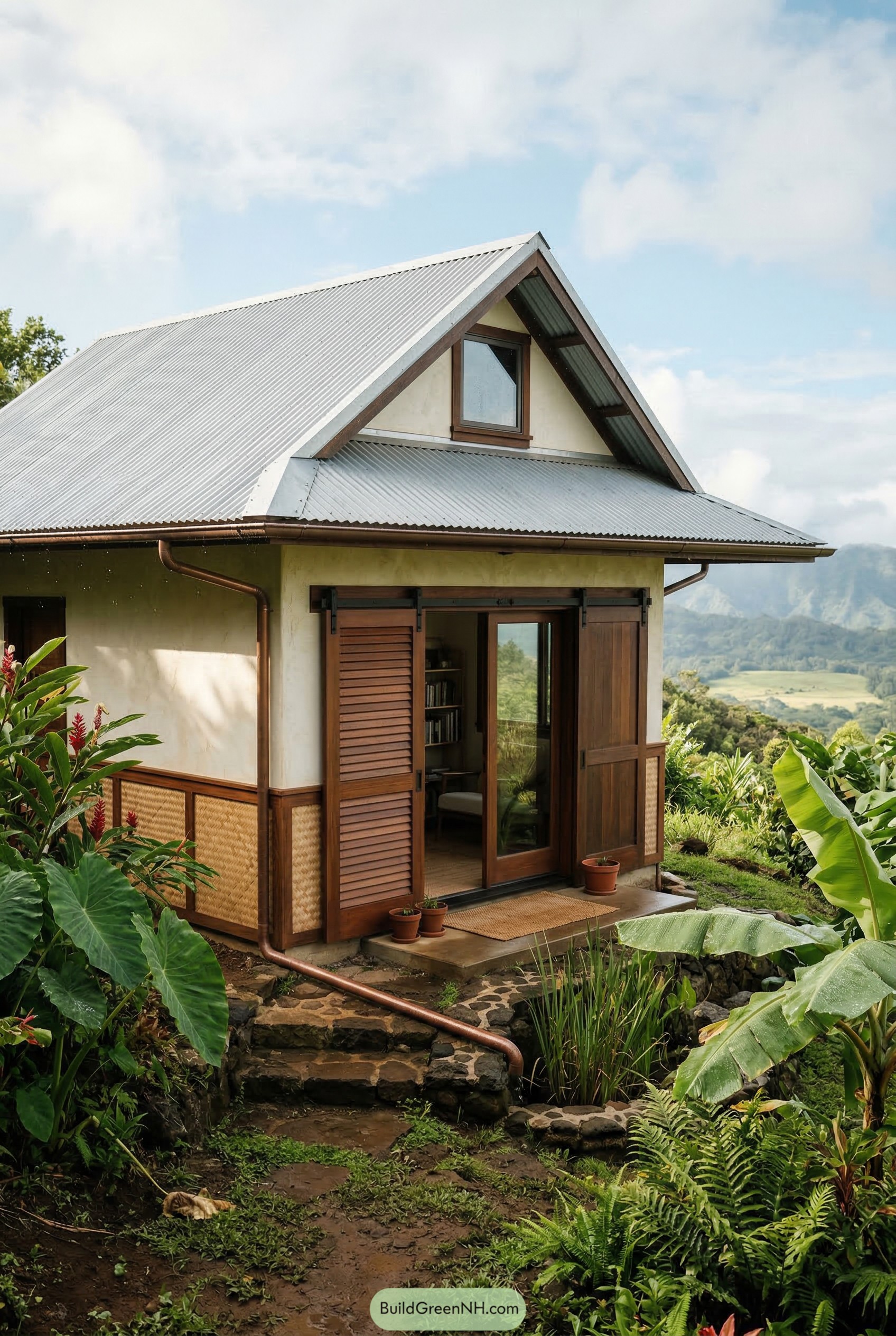 Tropical garage apartment with corrugated roof and wood shutters