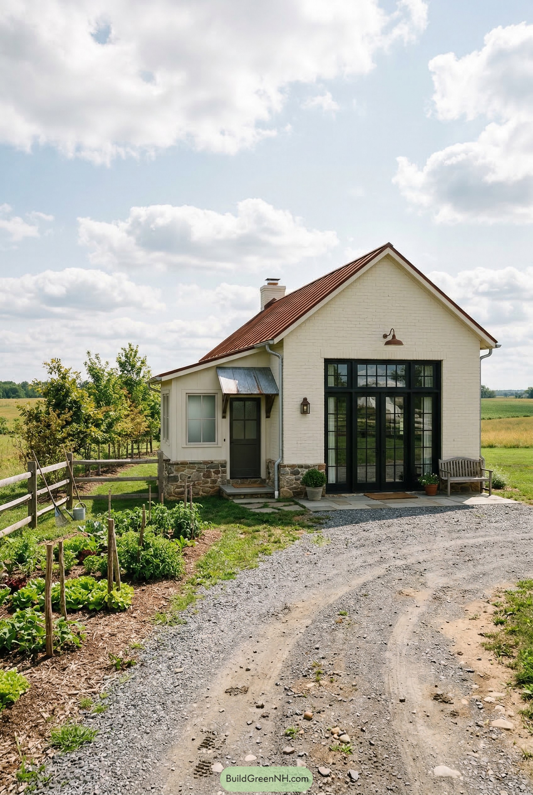 White brick garage apartment with a red metal roof
