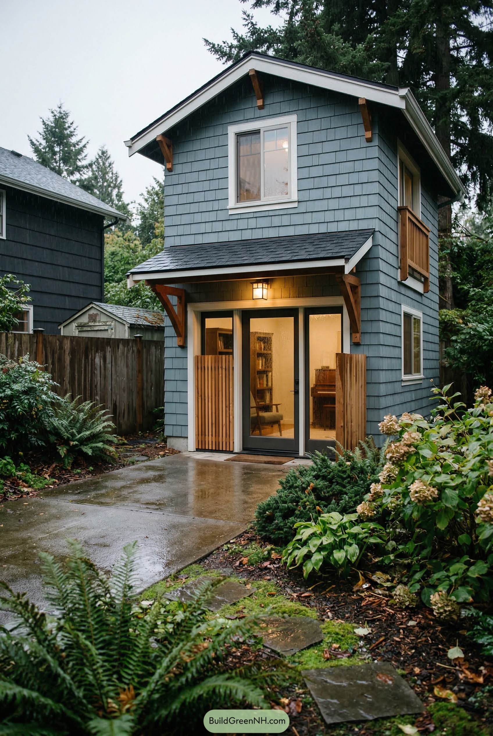 Blue gray two story garage apartment in lush garden