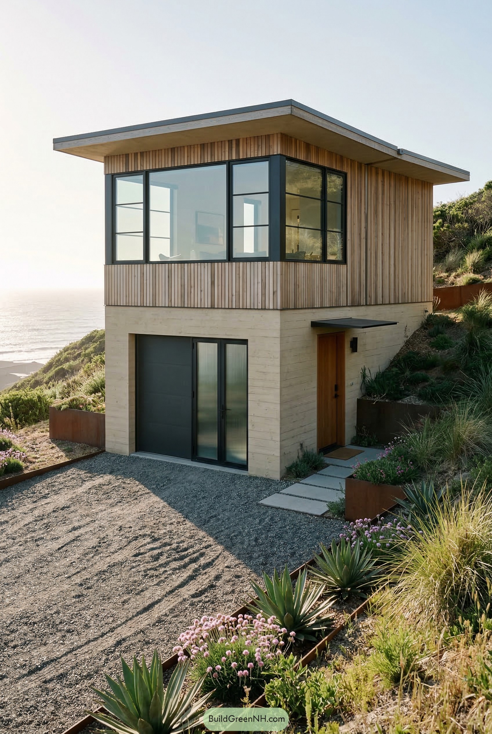 Modern two story garage apartment on a coastal slope