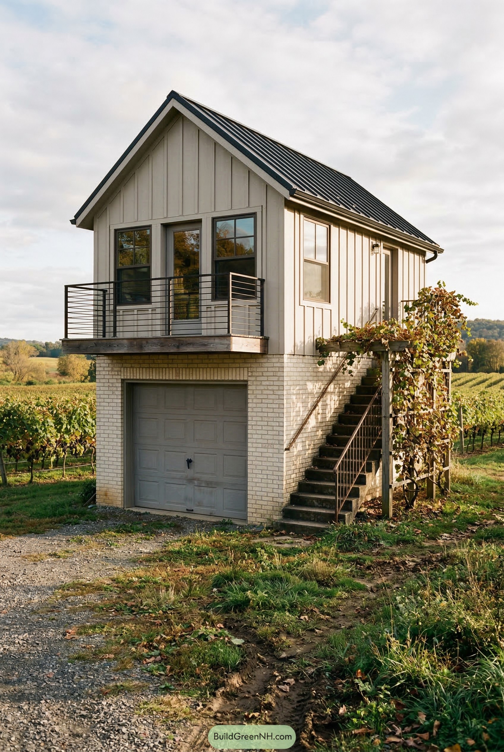 Small garage apartment with balcony and side stairs in a vineyard