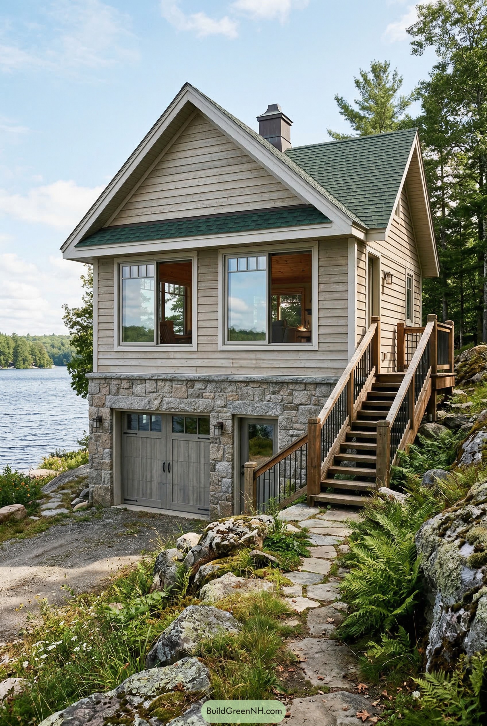 Lakeside garage apartment with stone base and side stairs