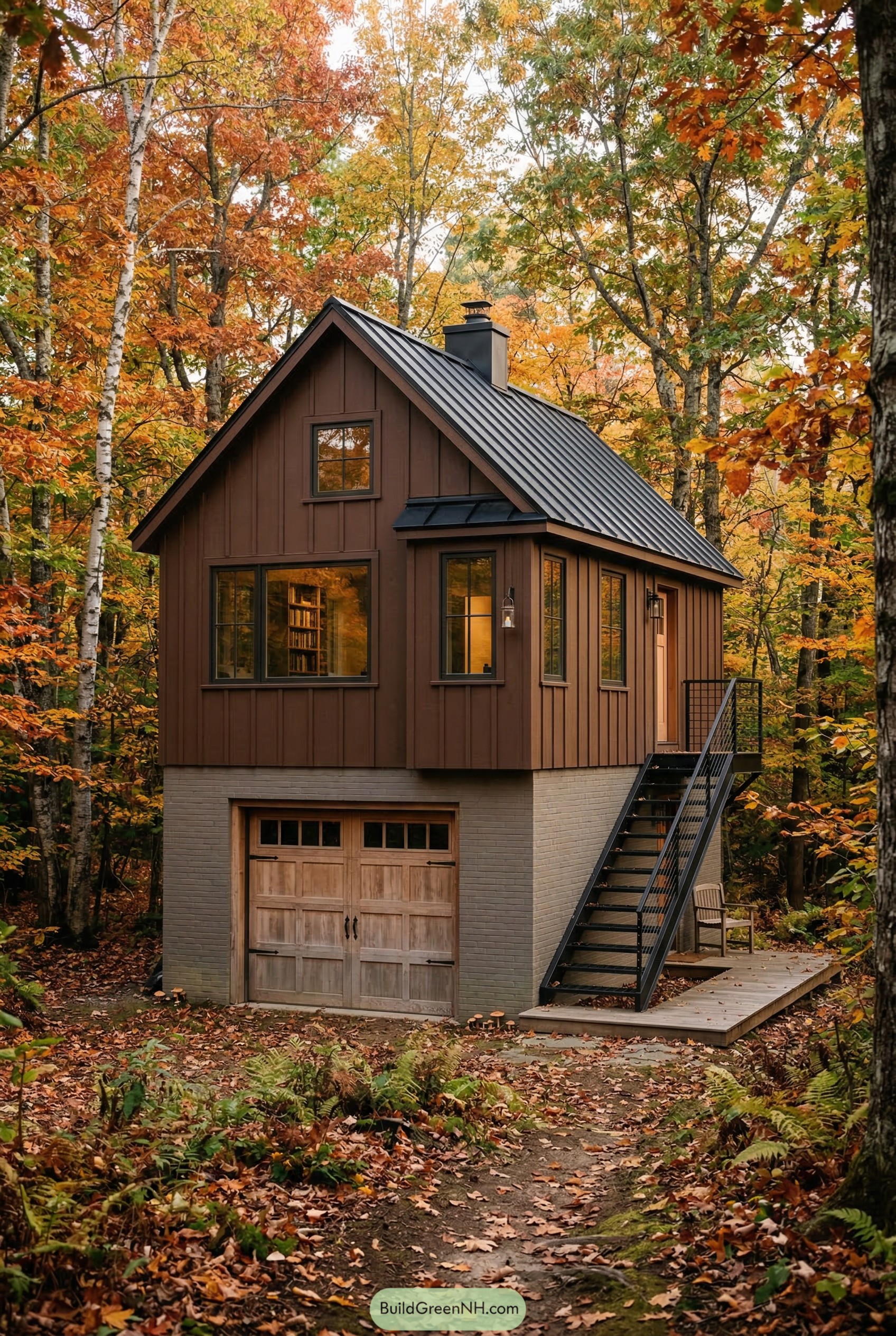 Brown garage apartment in autumn forest