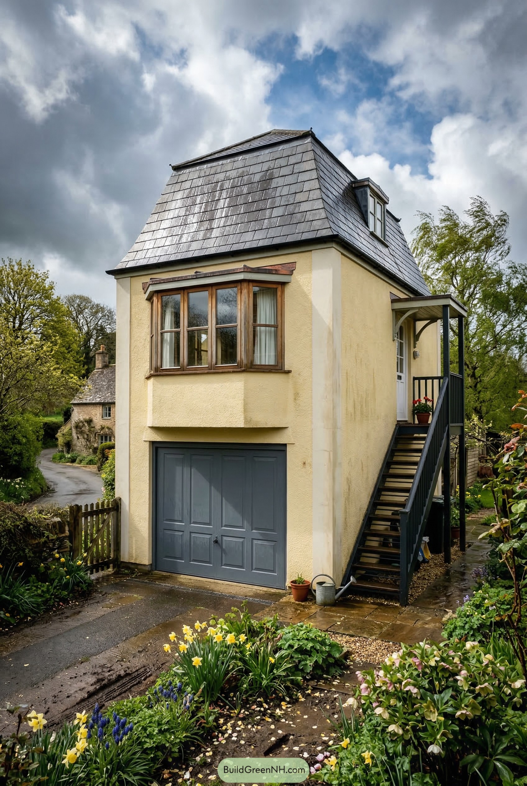 Cream garage flat with slate mansard roof and exterior stairs