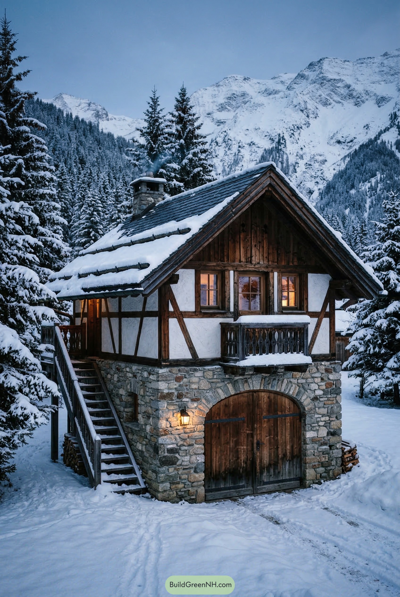 Alpine garage apartment with stone base and timber gable