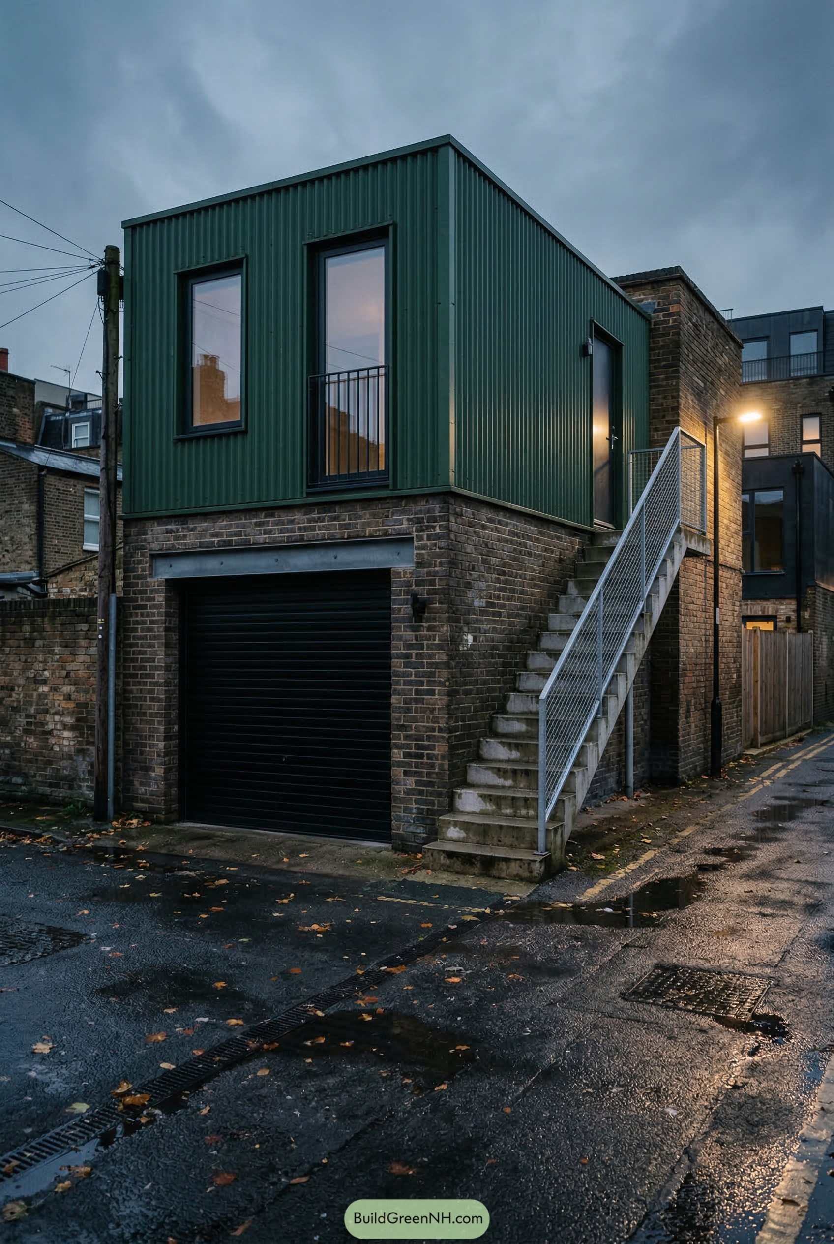 Green metal garage apartment with exterior stair