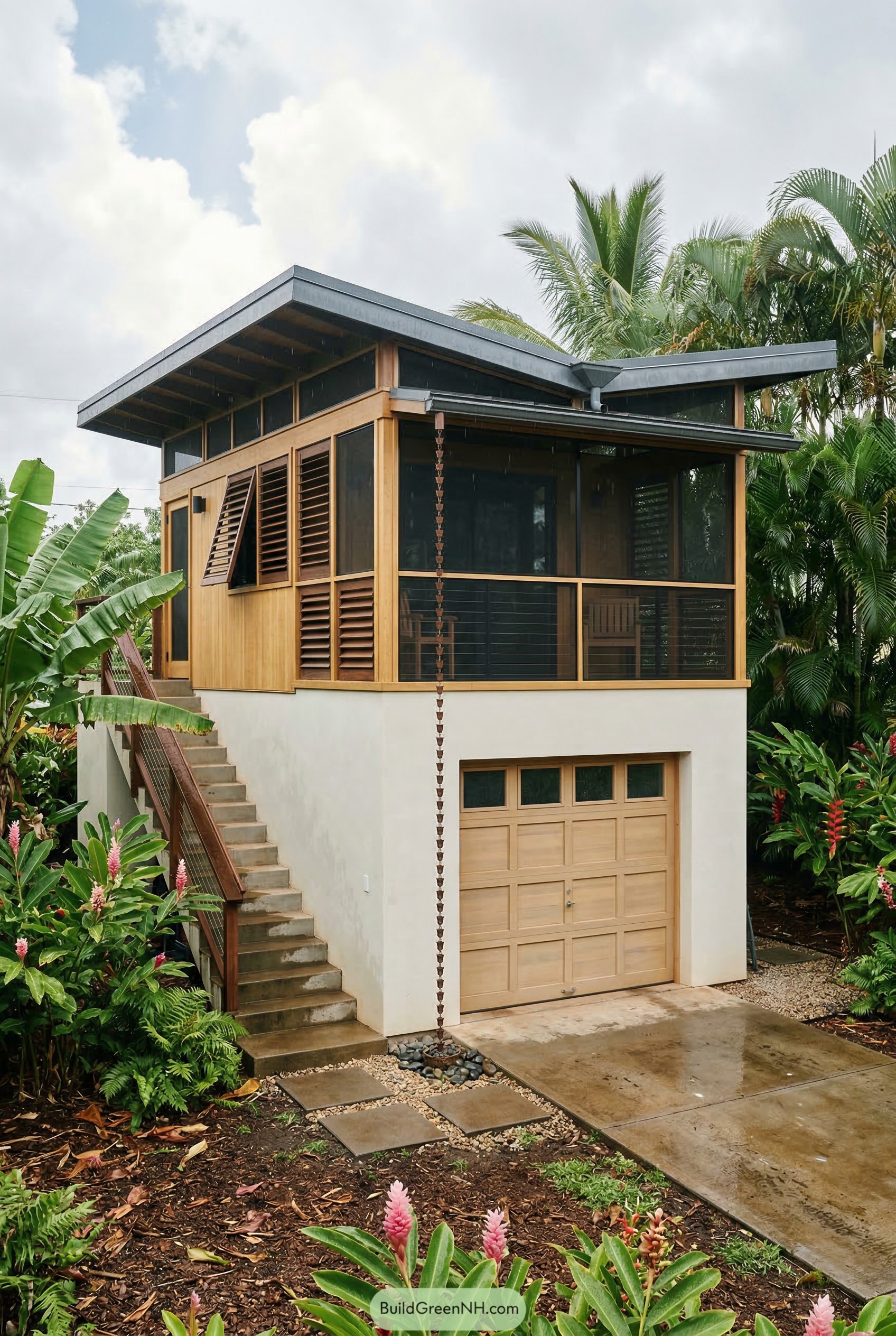 Raised tropical garage apartment with wood louvers