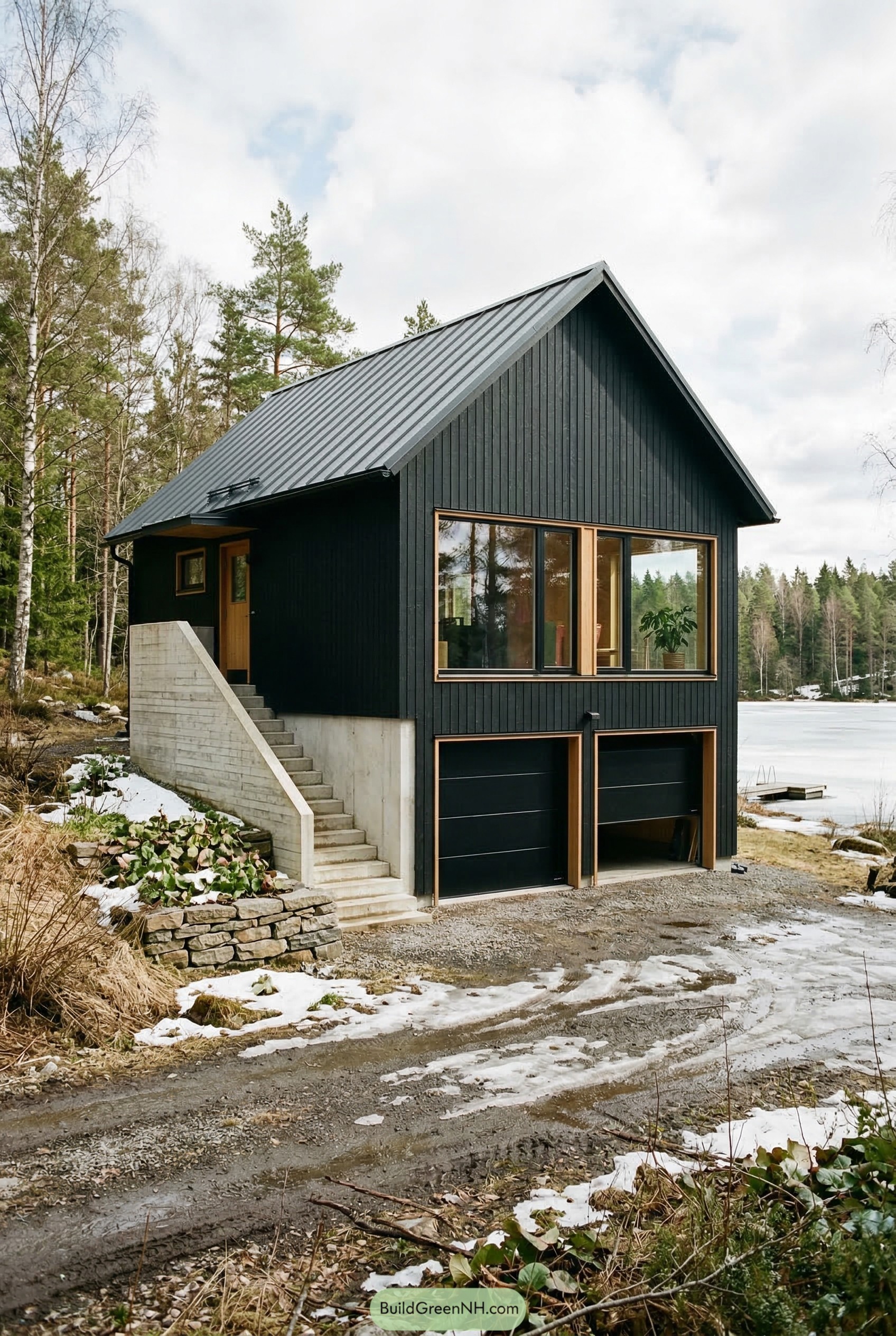 Black garage apartment with steep gable roof