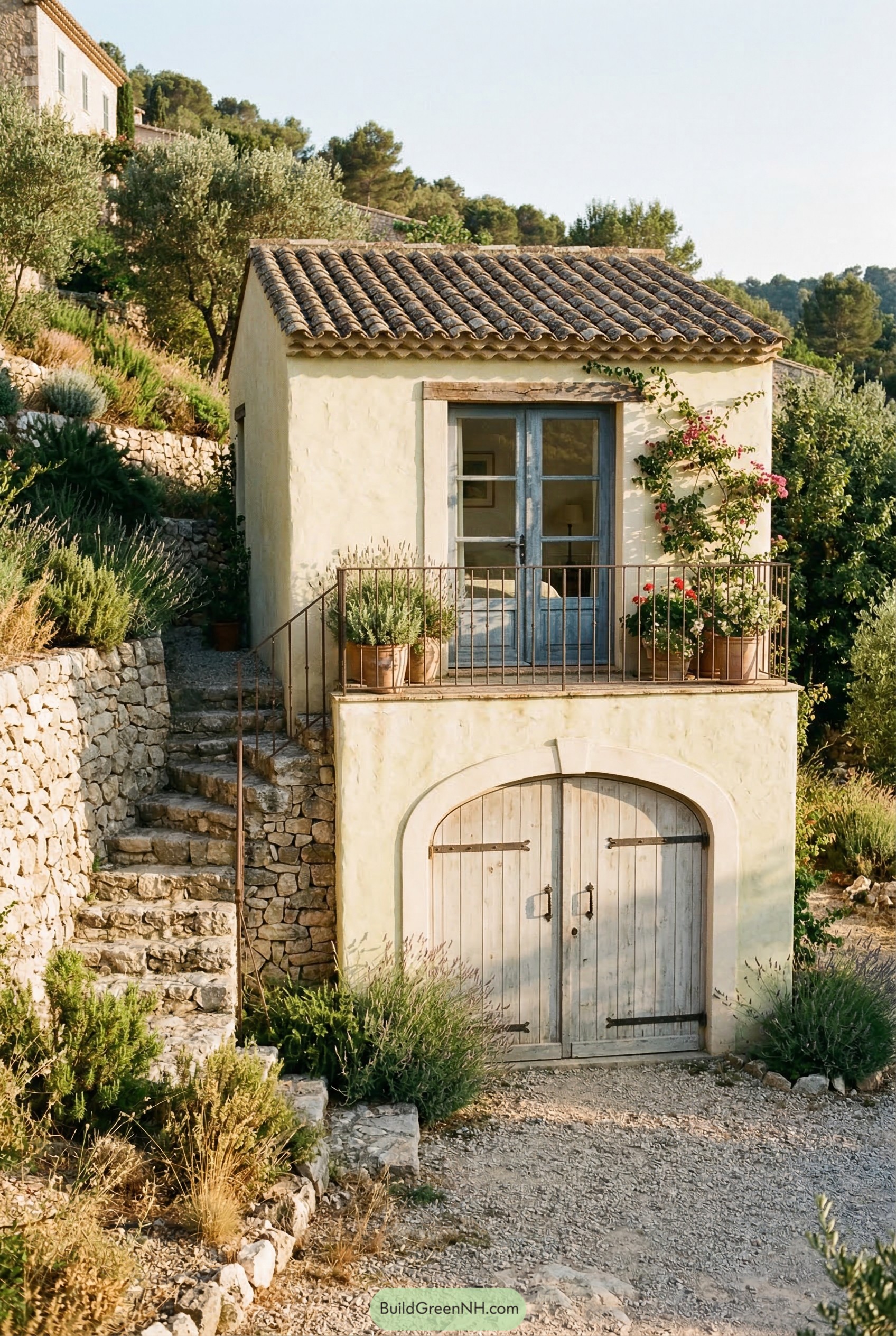 Hillside stucco garage apartment with balcony