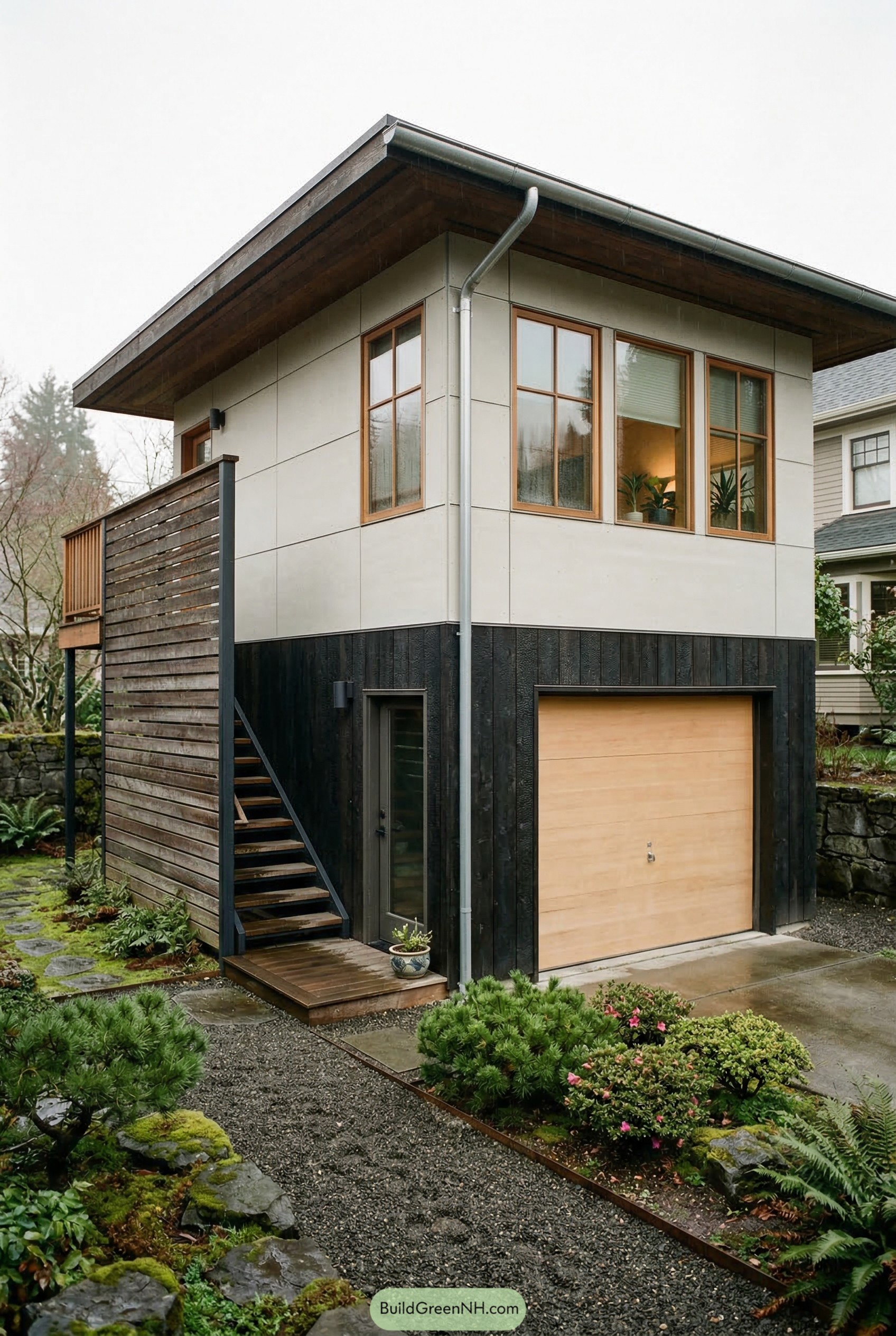 Modern garage apartment with exterior stair
