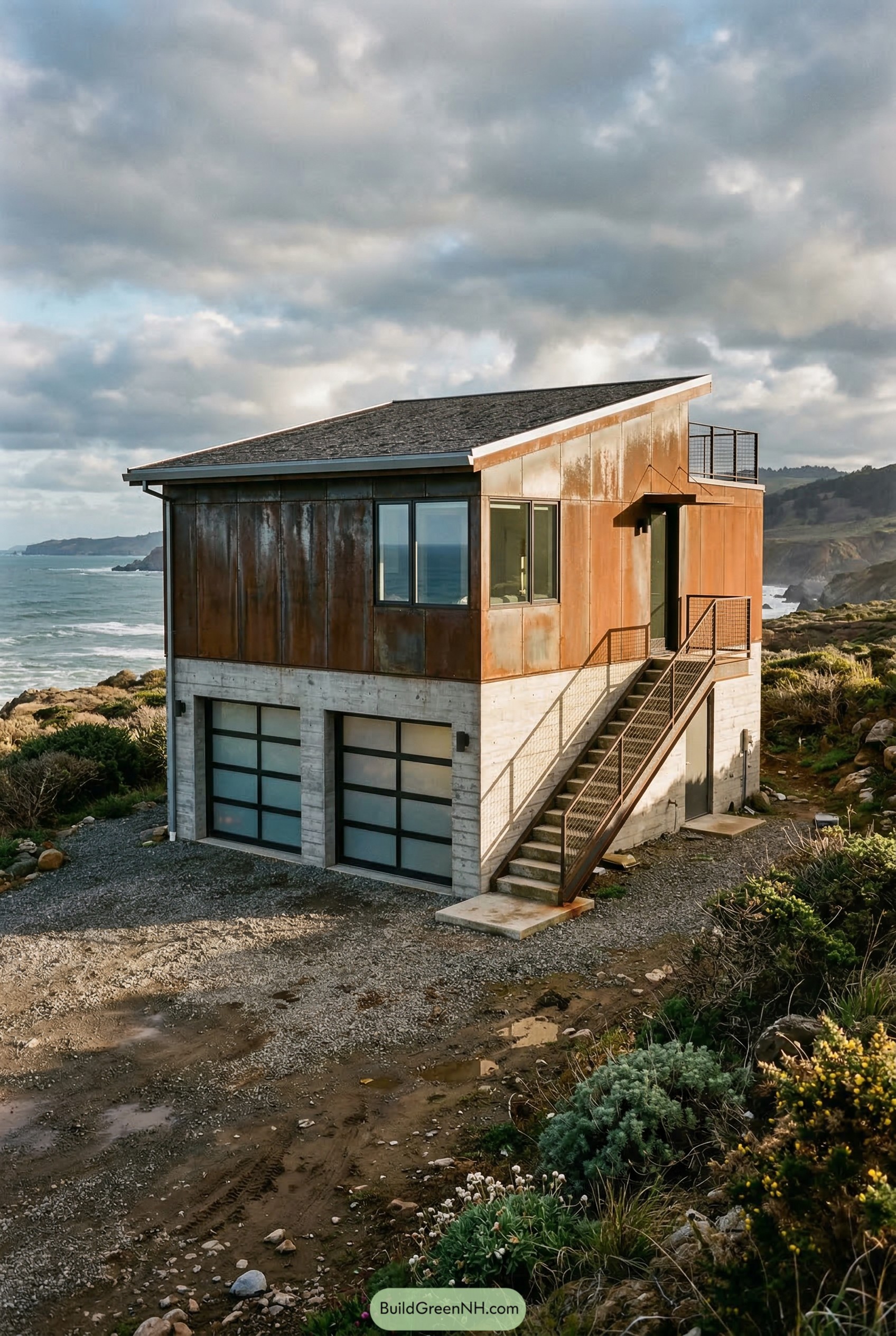 Corten clad garage apartment on a coastal bluff