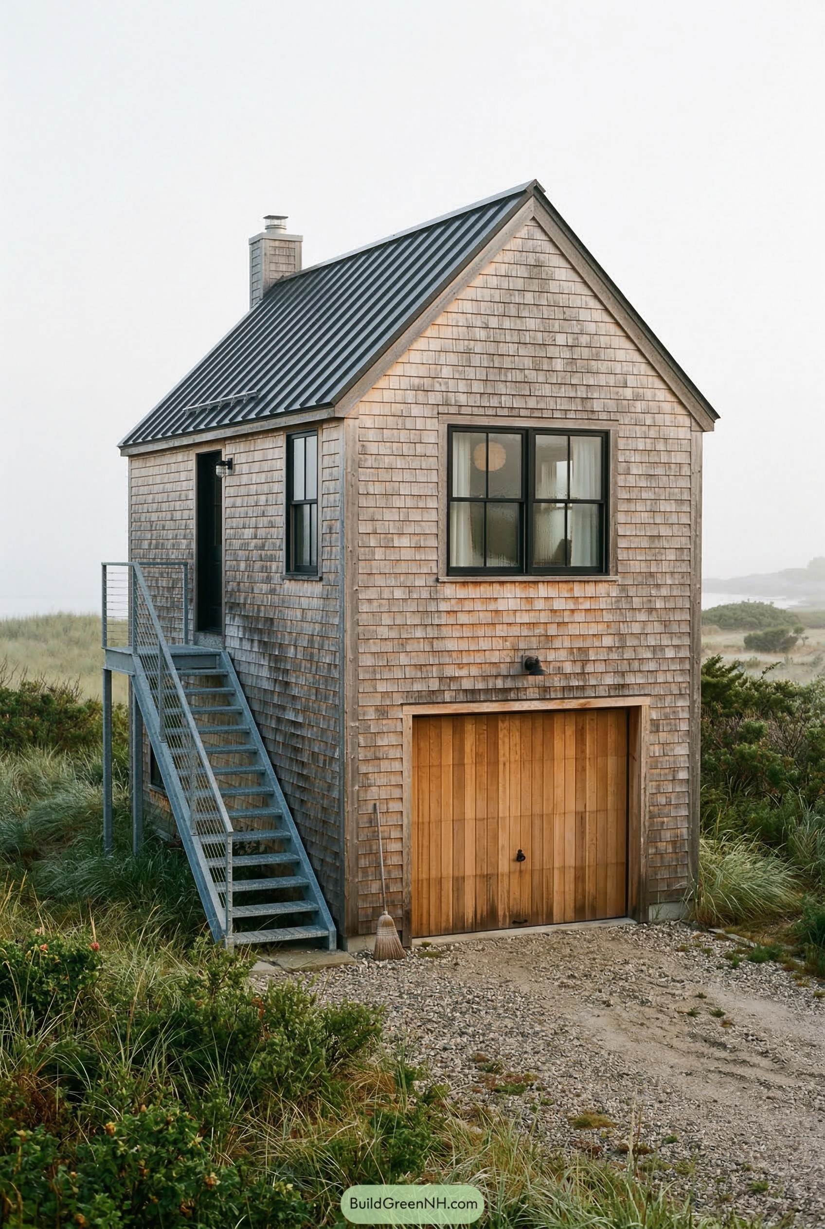 Shingled garage apartment with exterior stair and metal roof
