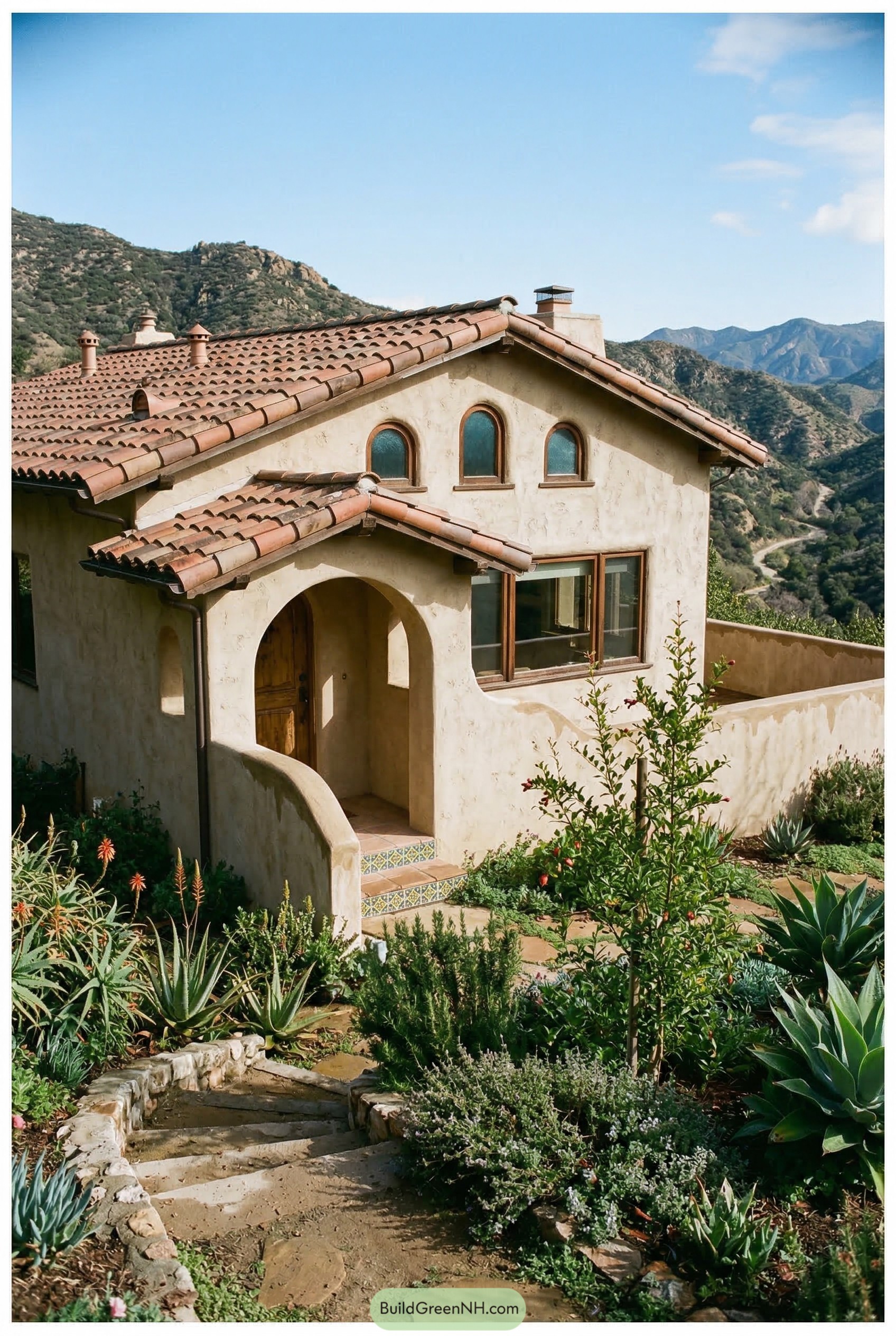 Spanish stucco home with arched porch and tile roof