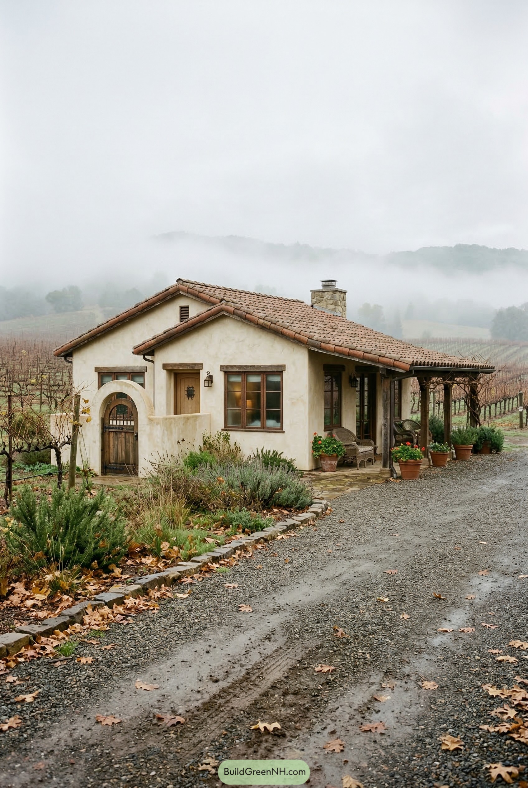 Small stucco Spanish bungalow by a foggy vineyard