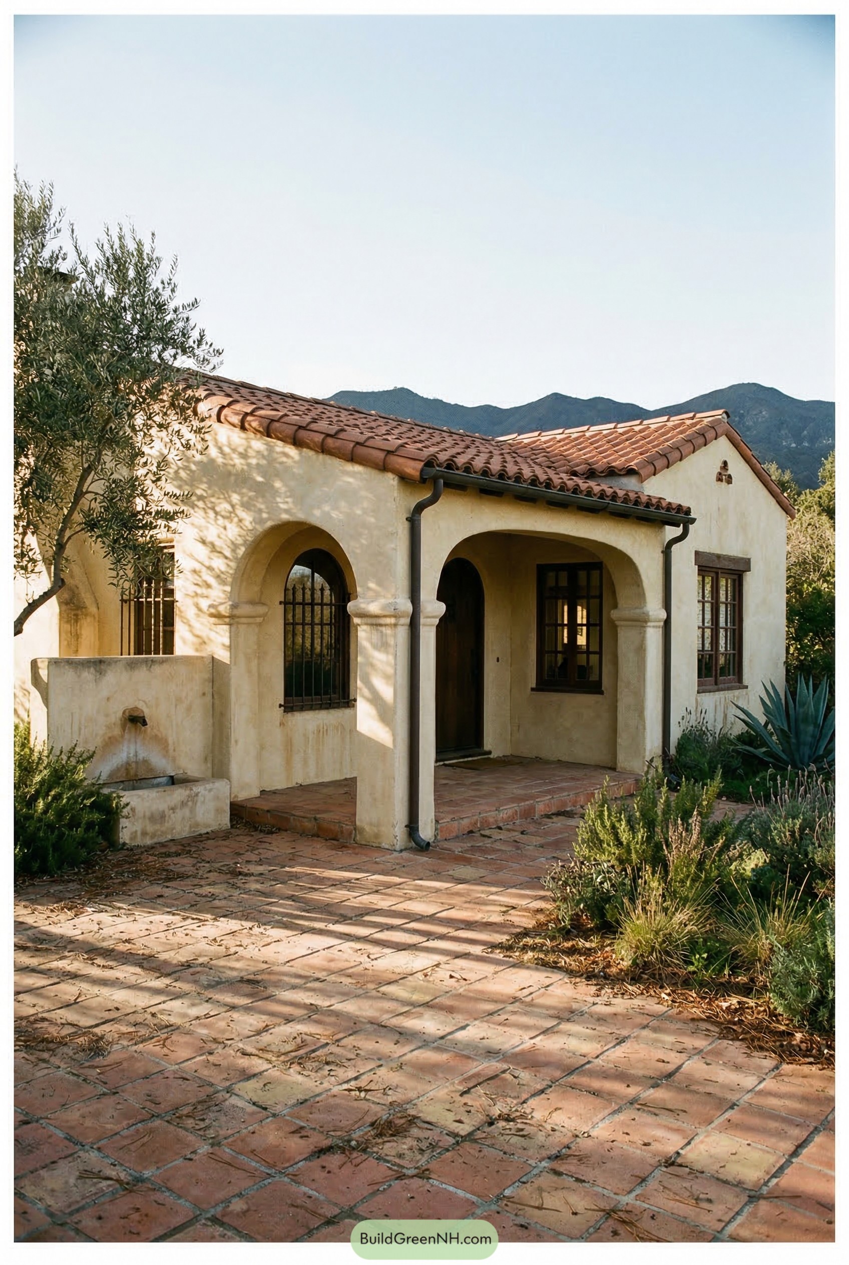 Spanish bungalow with arched porch and terracotta roof