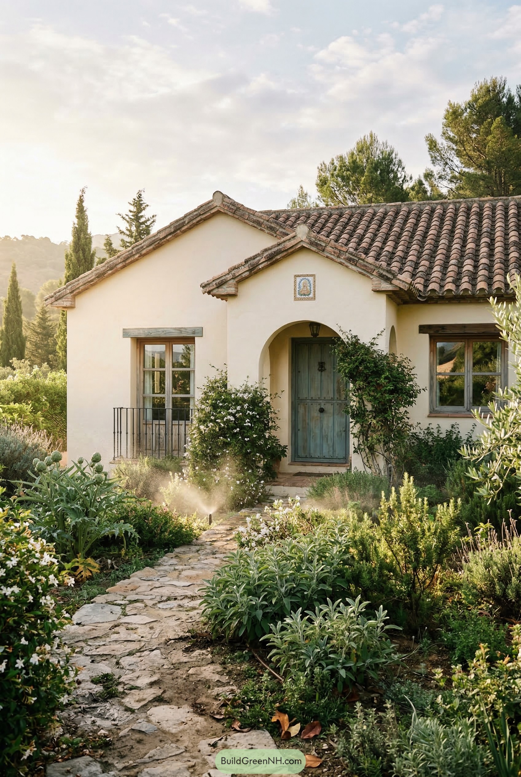 Spanish bungalow with arched entry and lush stone path