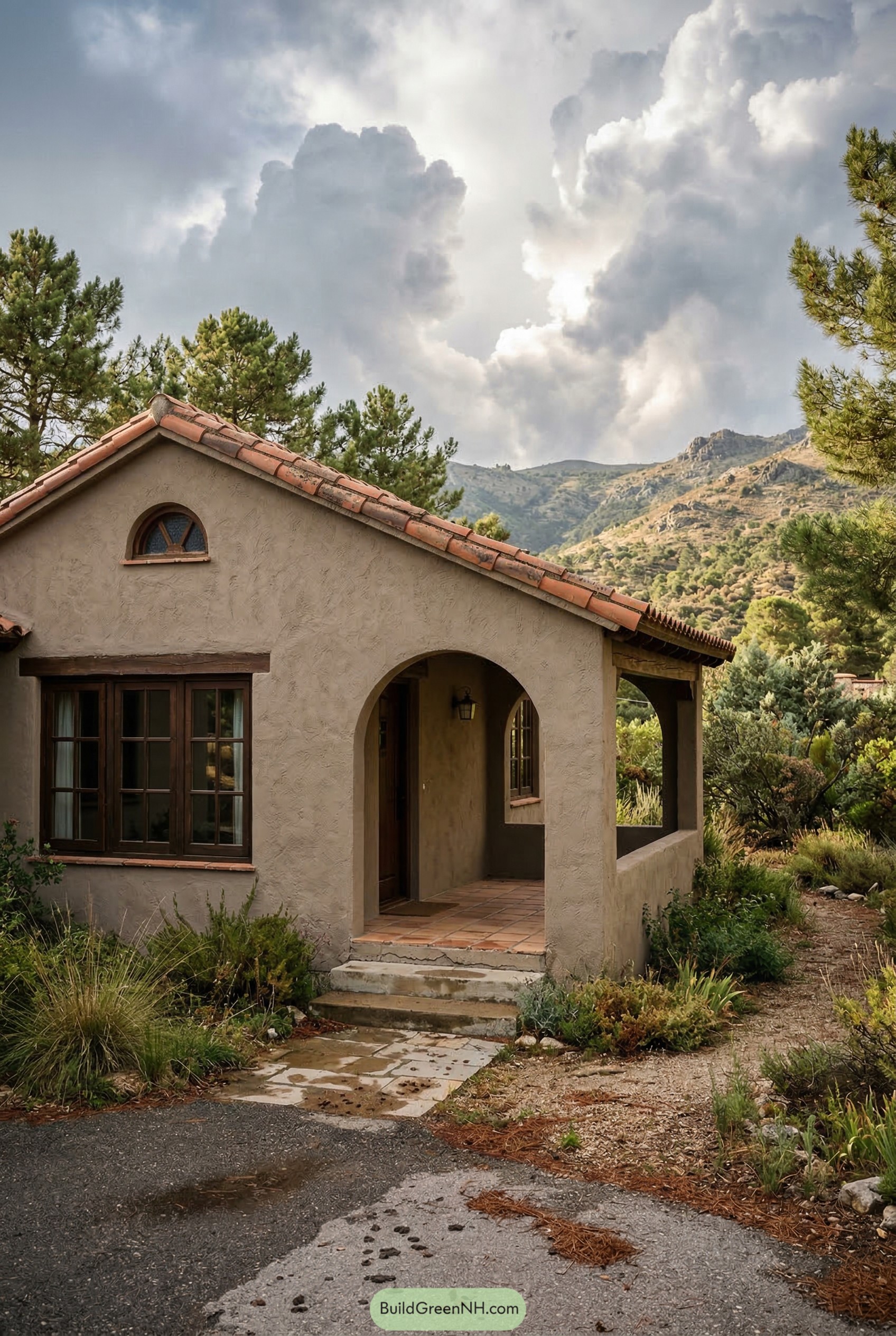 Small stucco Spanish bungalow with arched porch