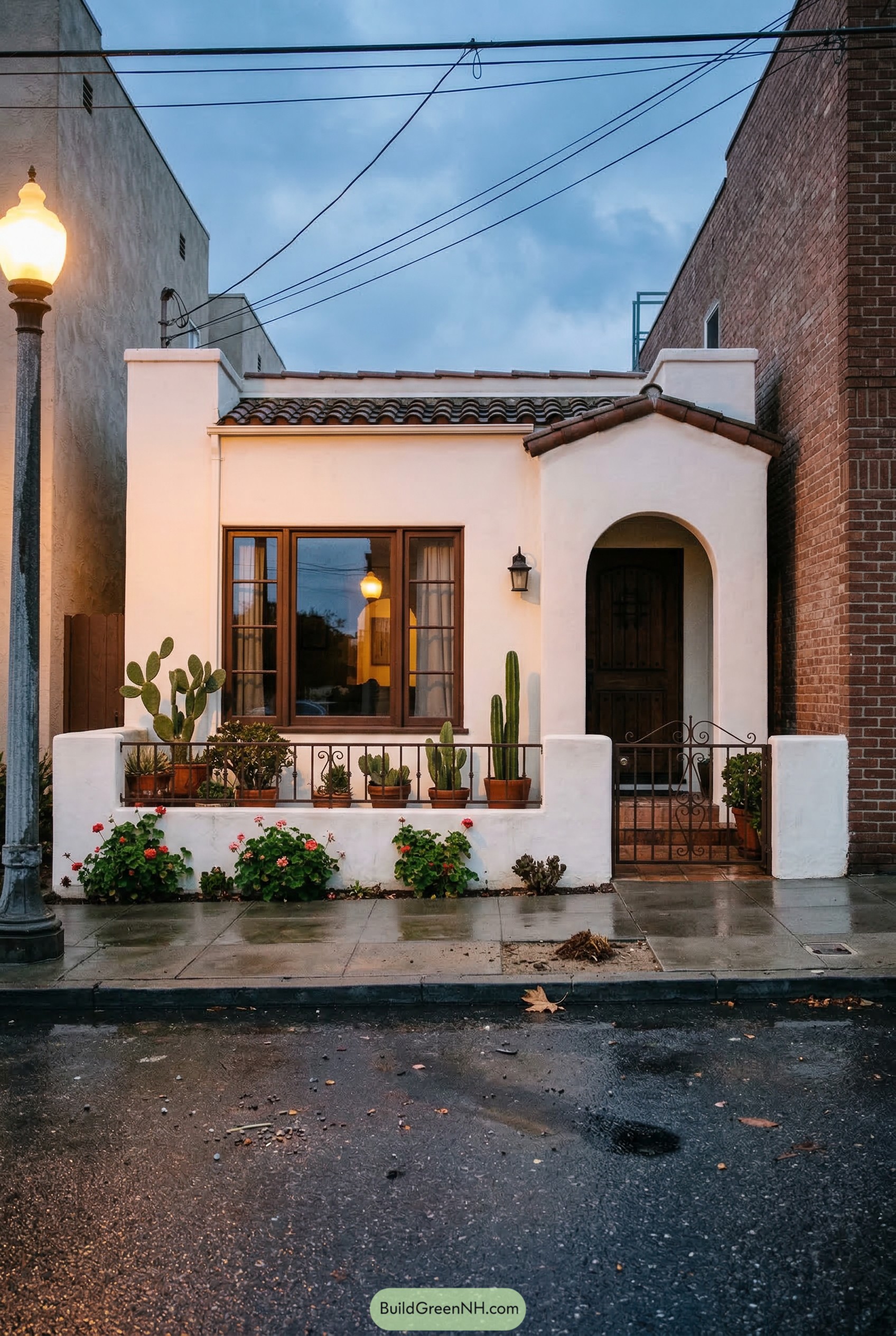 White Spanish bungalow with arched entry and potted cacti