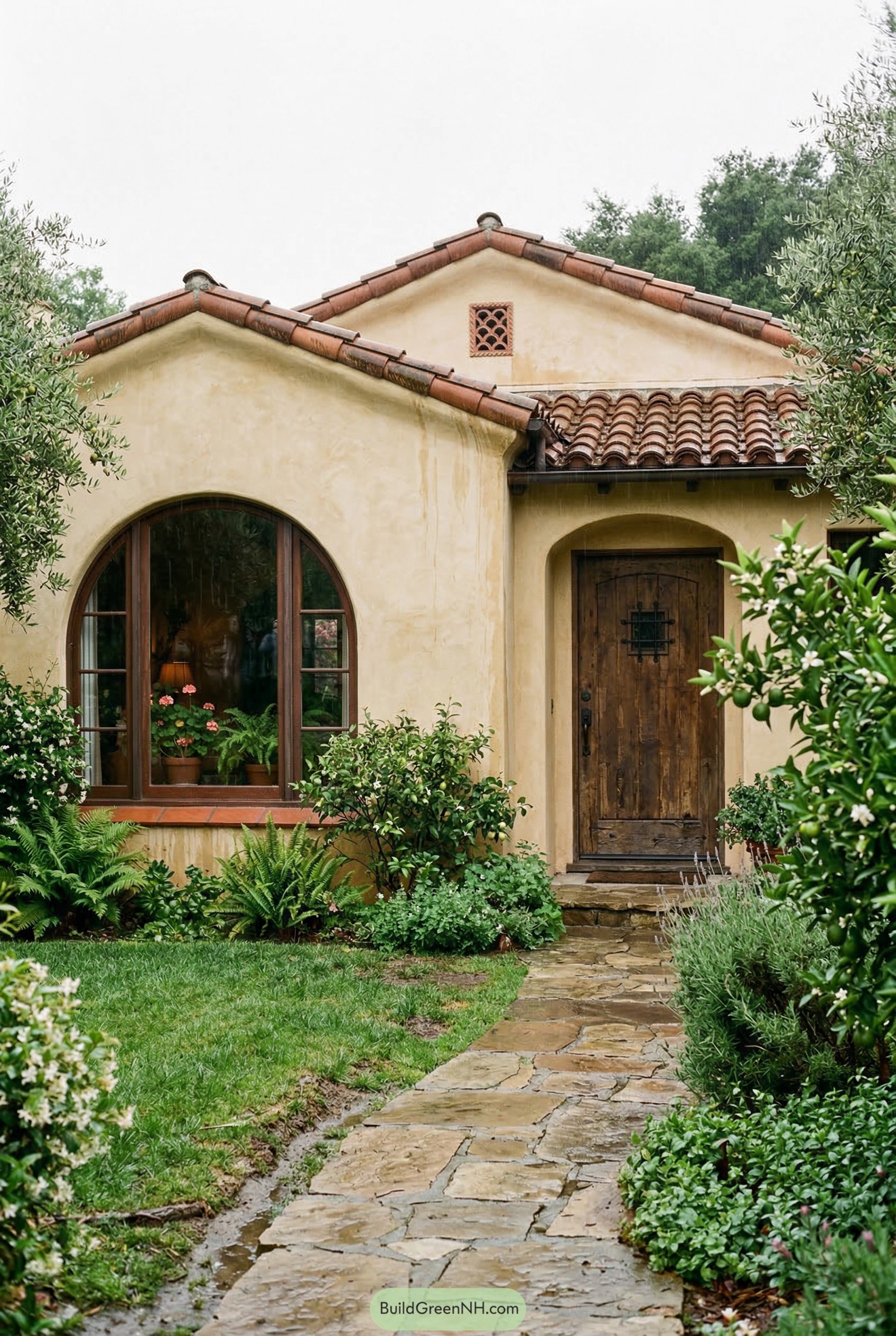 Cream stucco bungalow with arched window and tile roof