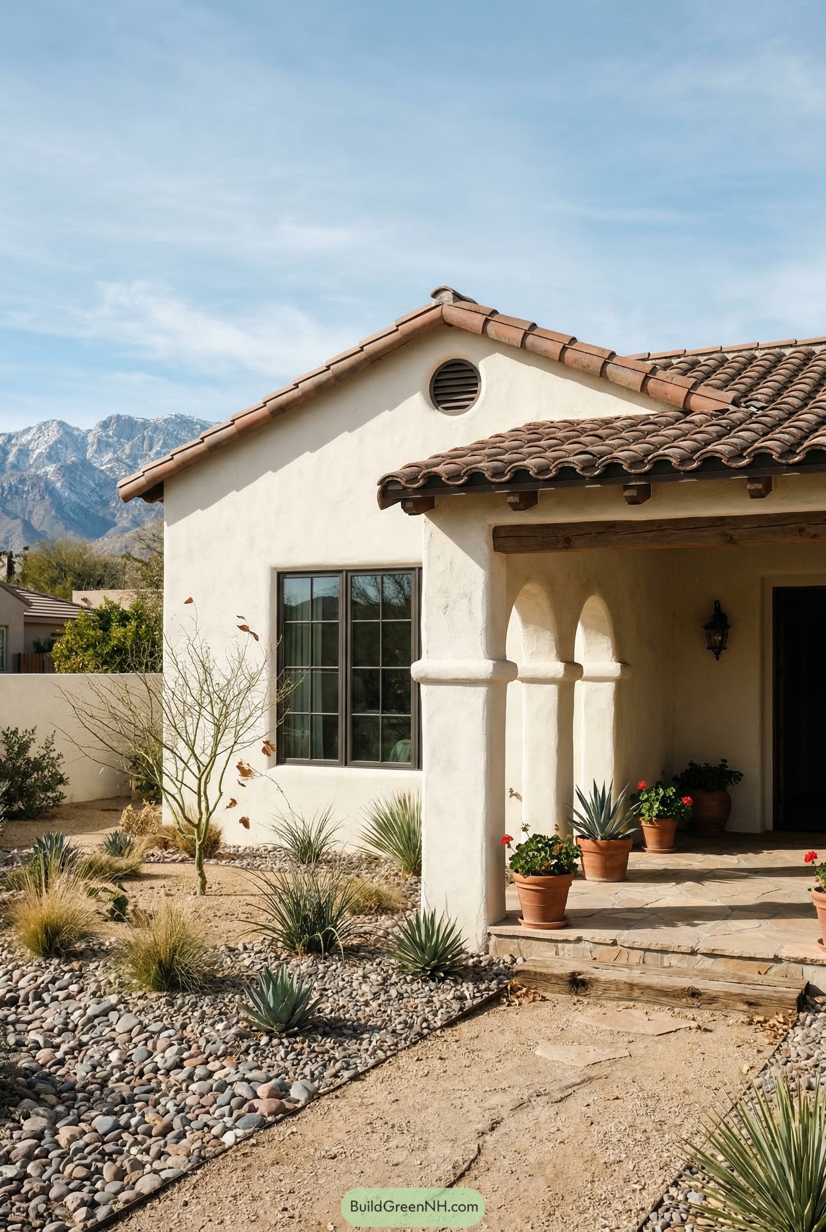 Cream stucco bungalow with arched tiled porch