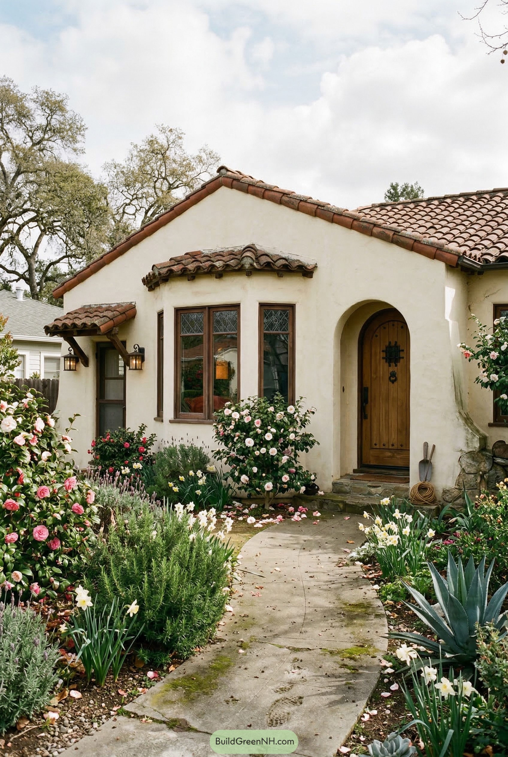 Spanish bungalow with arched entry and flower garden