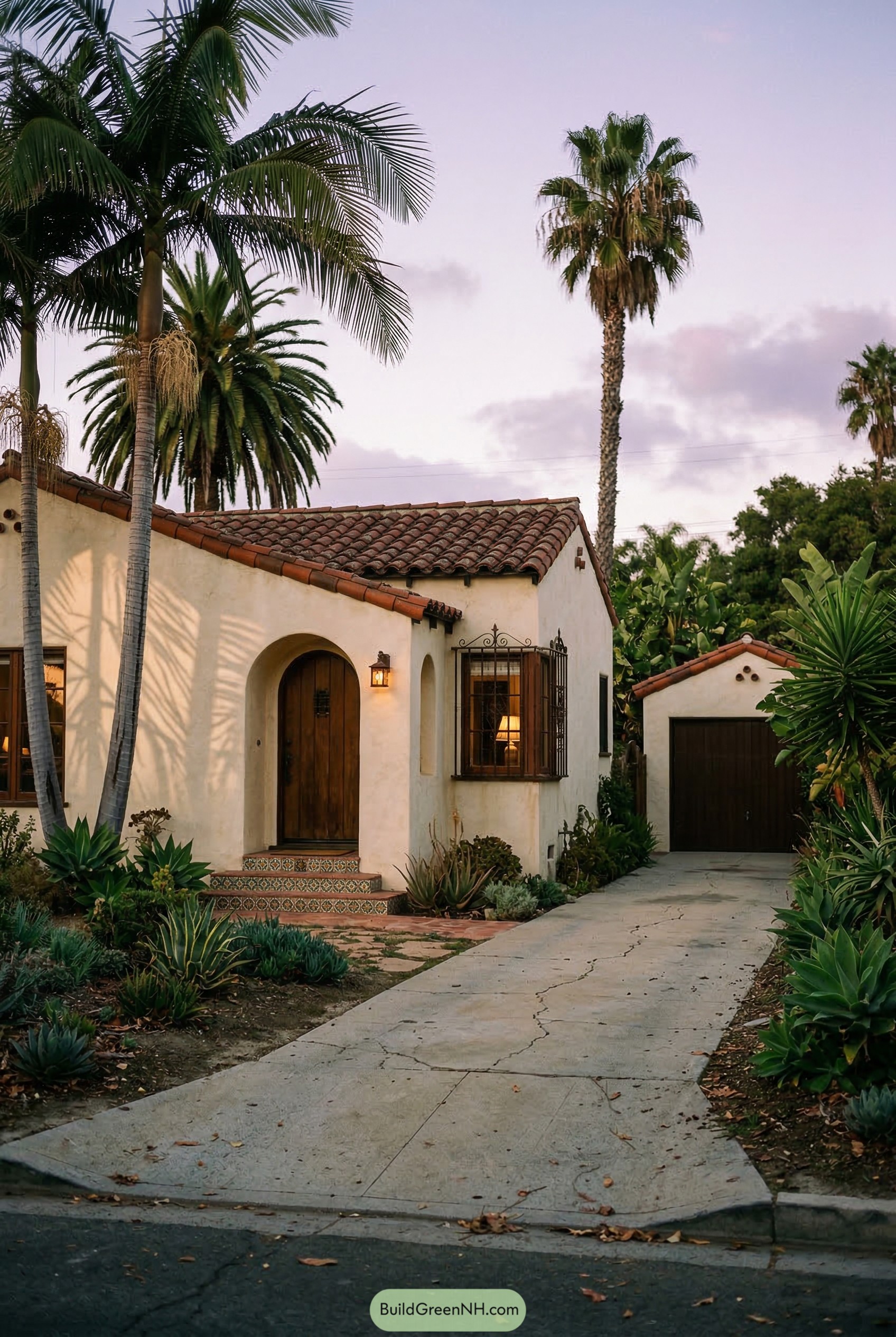 Spanish bungalow with arched entry and detached garage