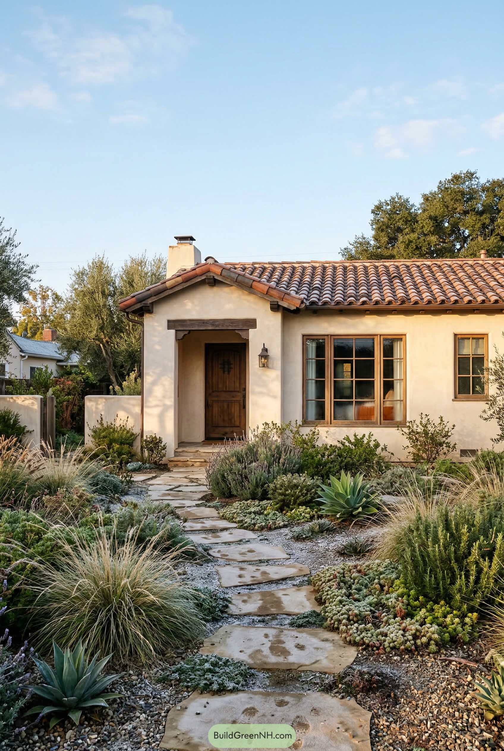 Spanish bungalow with tile roof and succulent garden path