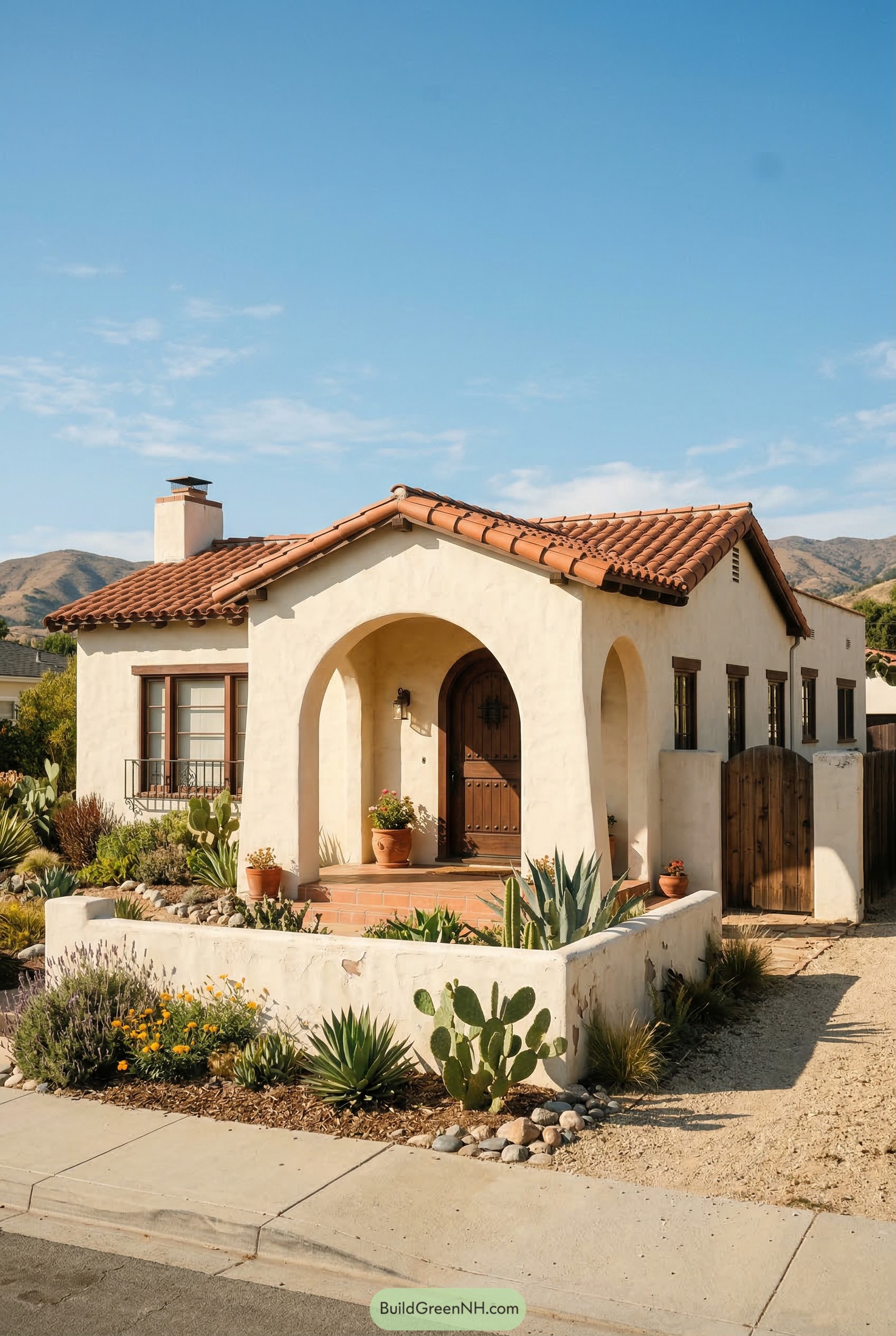 Spanish bungalow with arched porch and desert garden