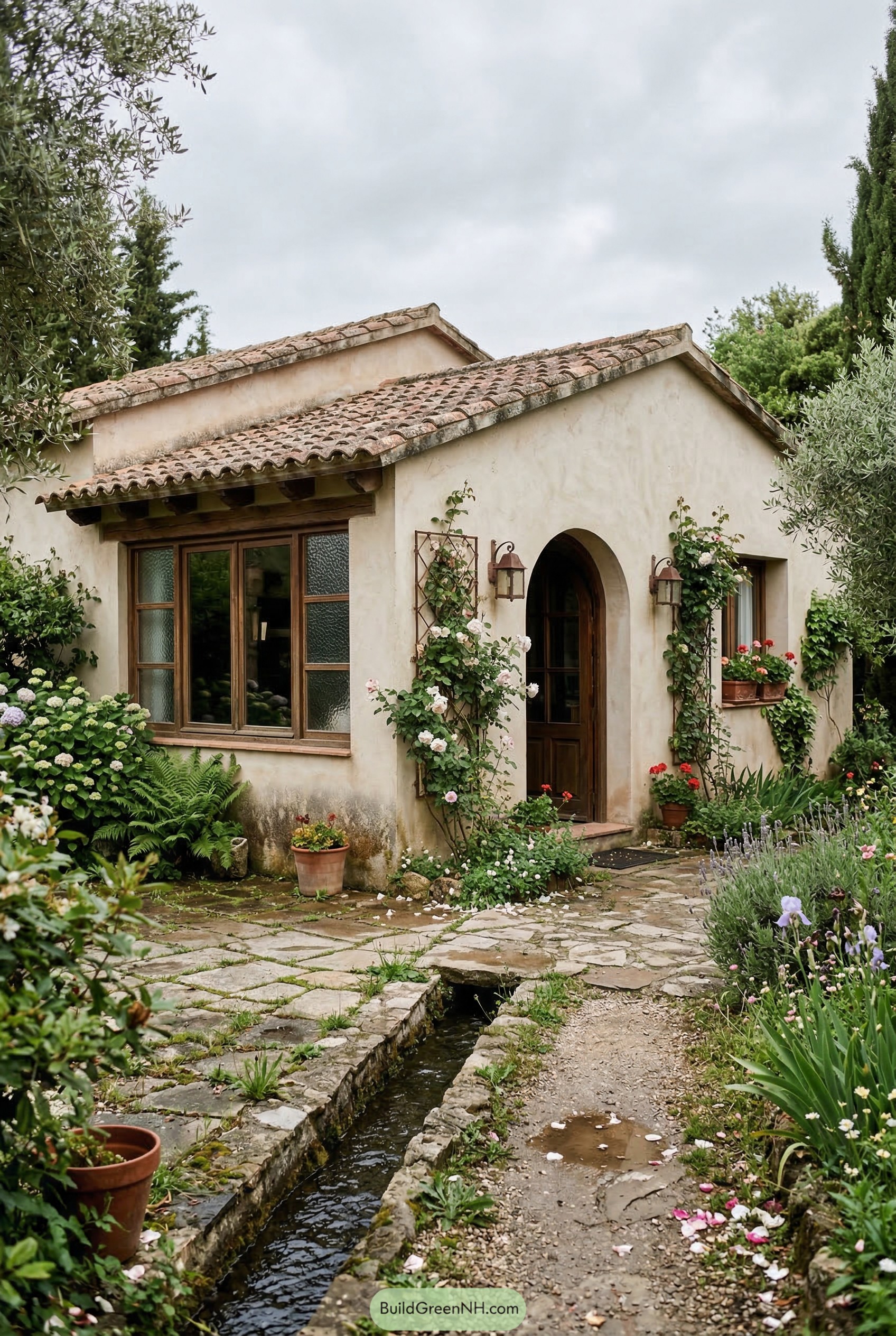 Spanish bungalow with arched entry and garden rill