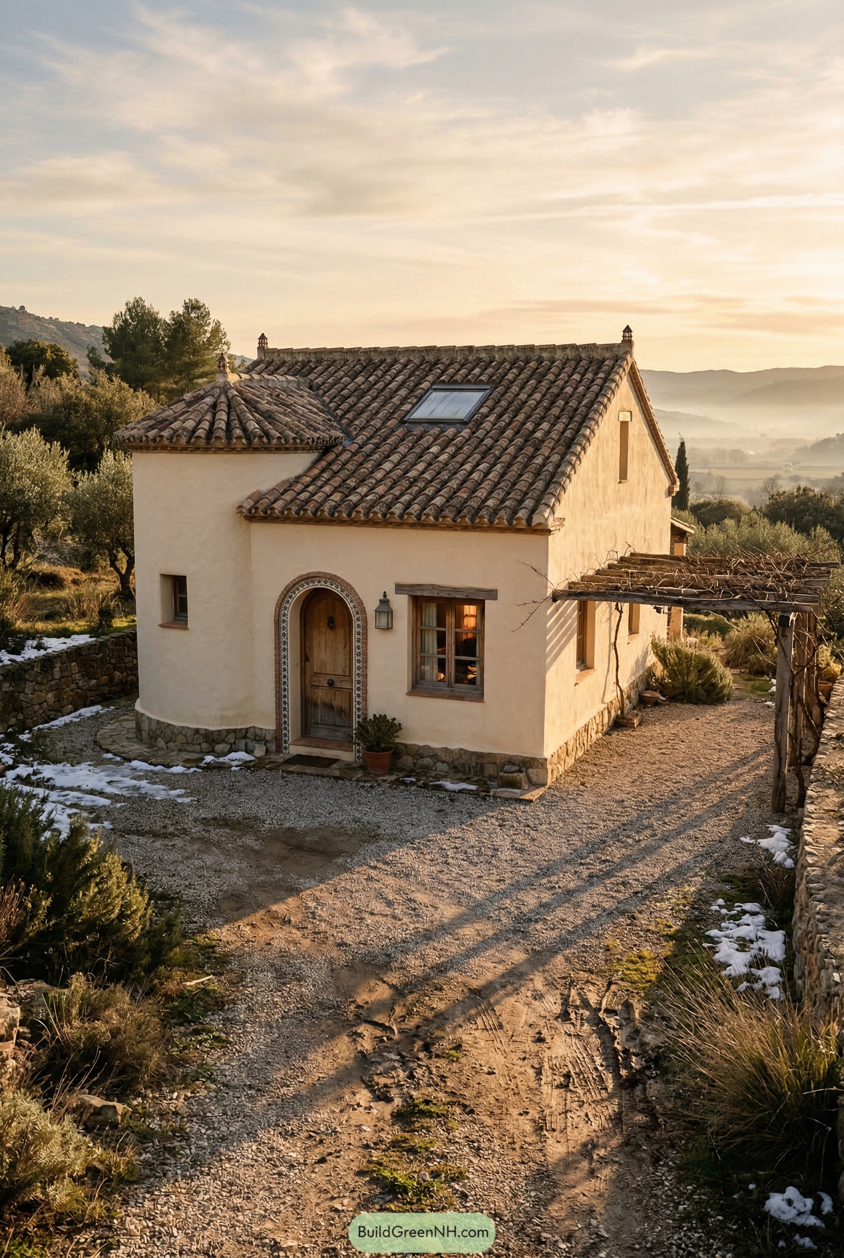 Small stucco Spanish bungalow with tiled roof and round tower