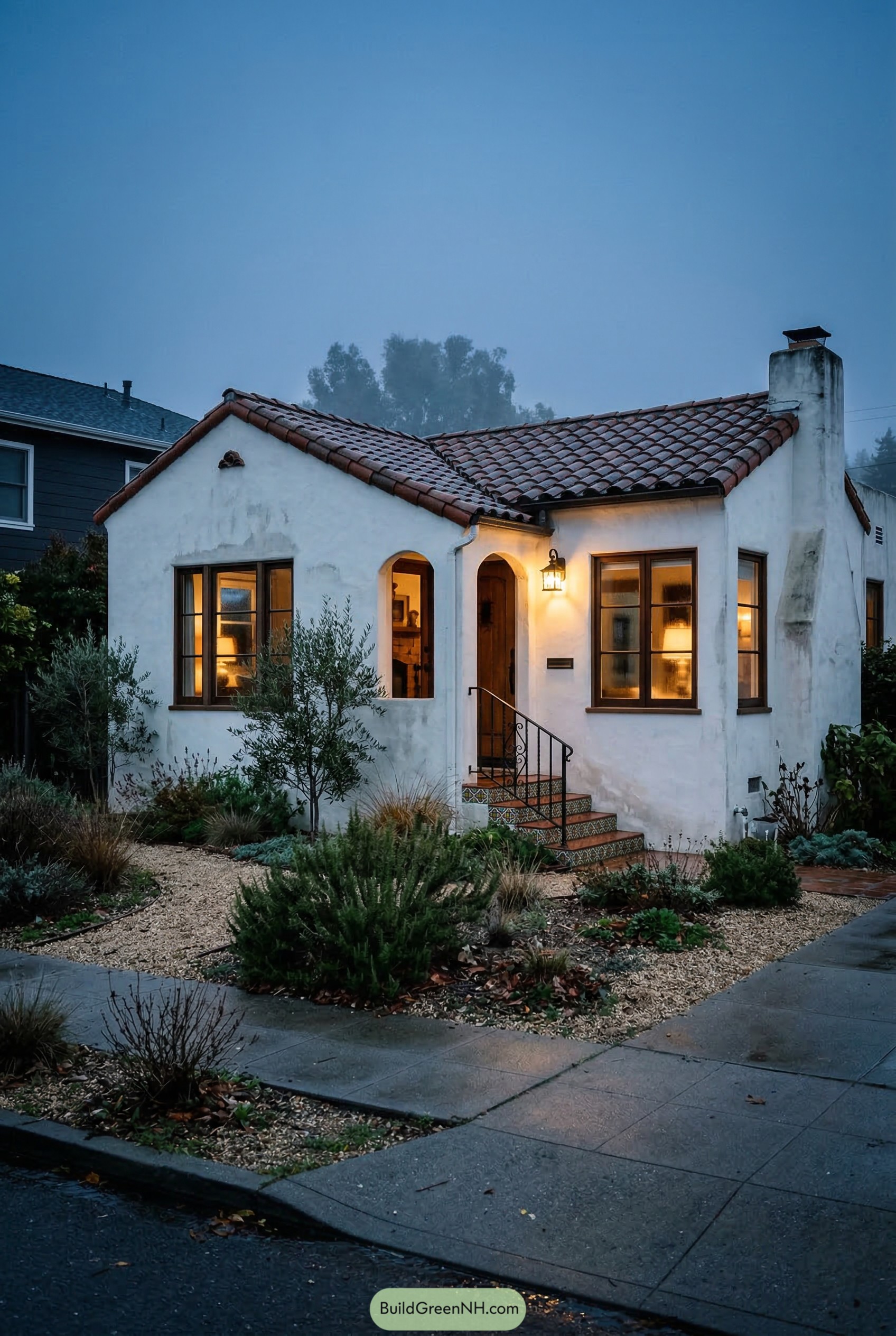 White stucco bungalow with red tile roof and arched entry
