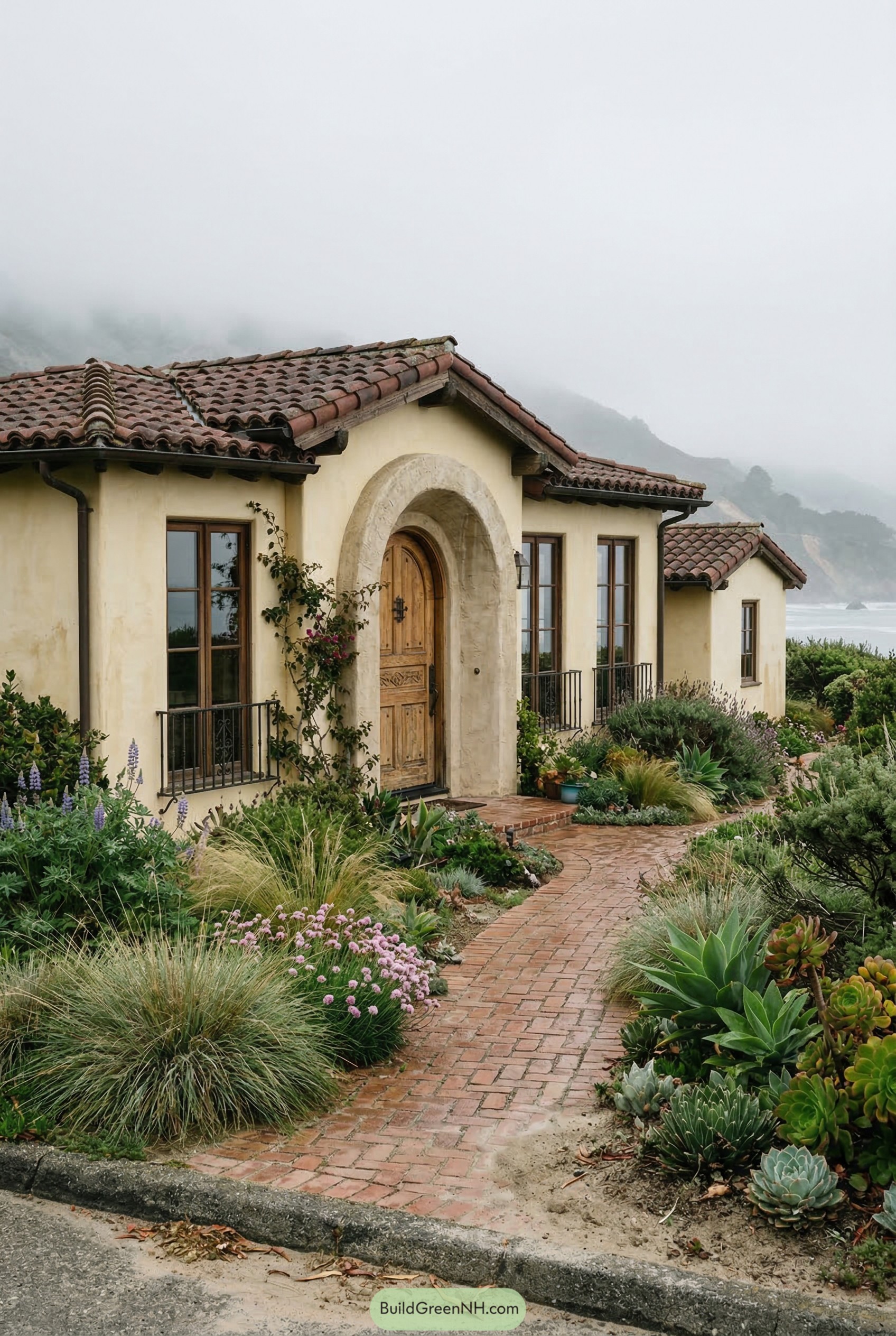 Cream stucco bungalow with arched doorway and terracotta roof